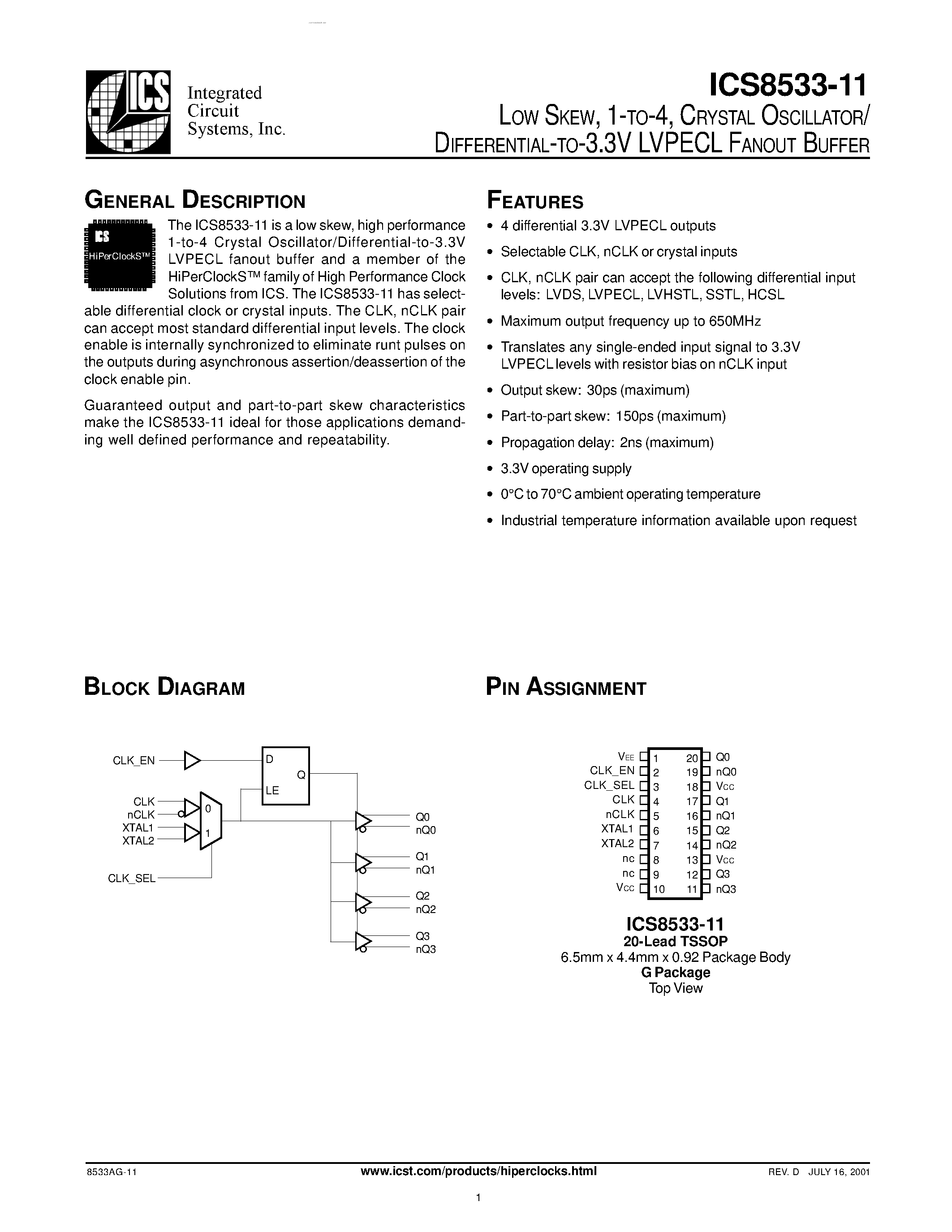 Datasheet ICS8533-11 - LVPECL FANOUT BUFFER page 1