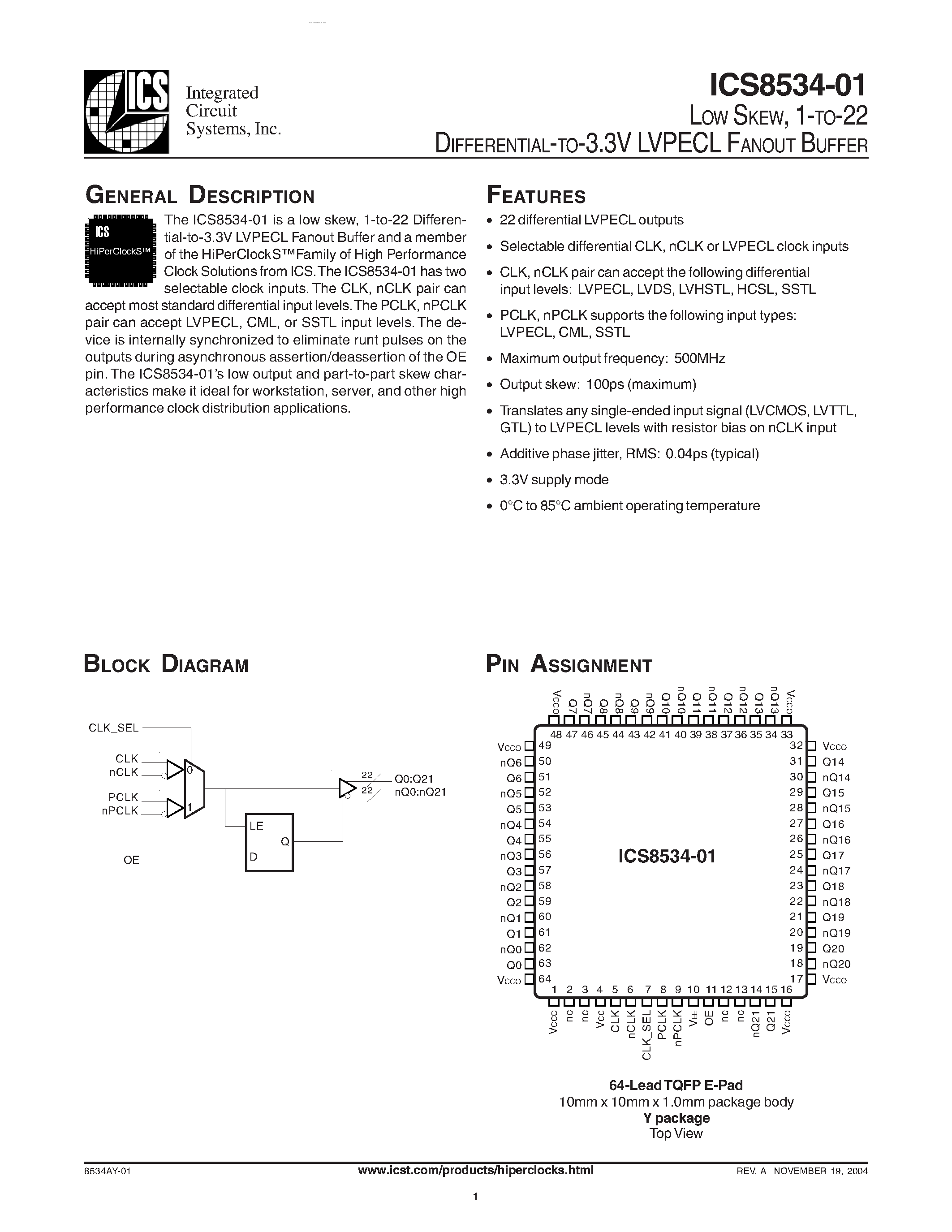 Datasheet ICS8534-01 page 1 Datasheet ICS8534-01 - LVPECL FANOUT BUFFER page 1