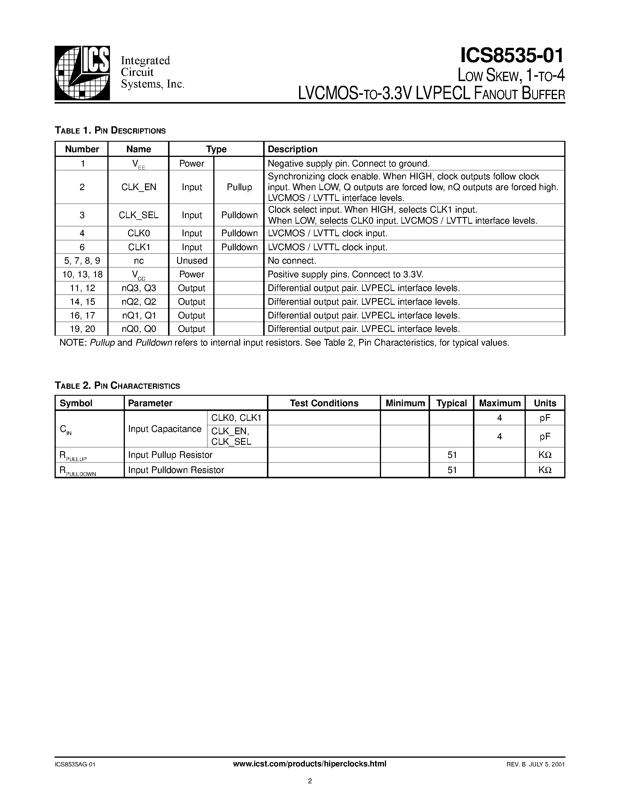 Даташит ICS8535-01 - LVPECL FANOUT BUFFER страница 2