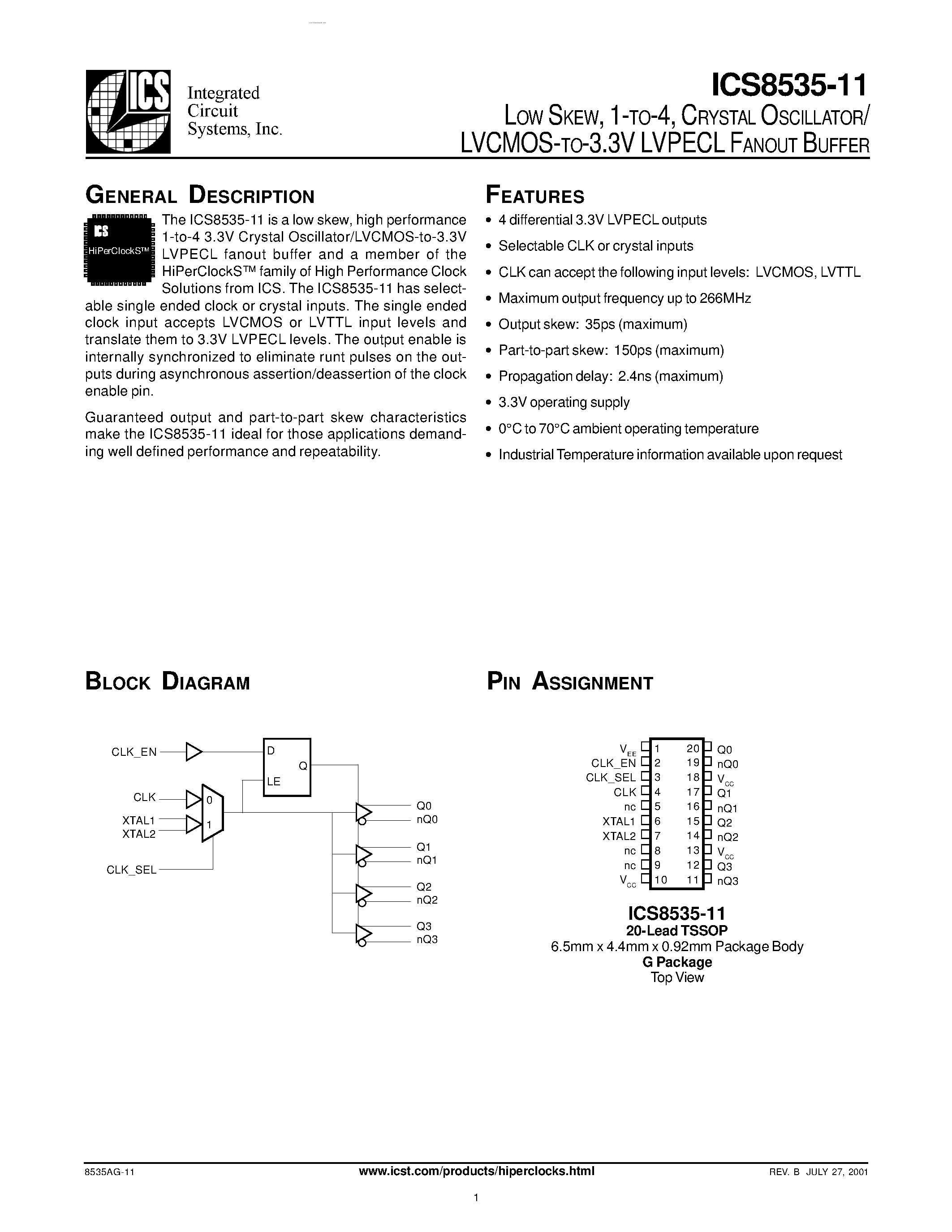 Datasheet ICS8535-11 - LVPECL FANOUT BUFFER page 1