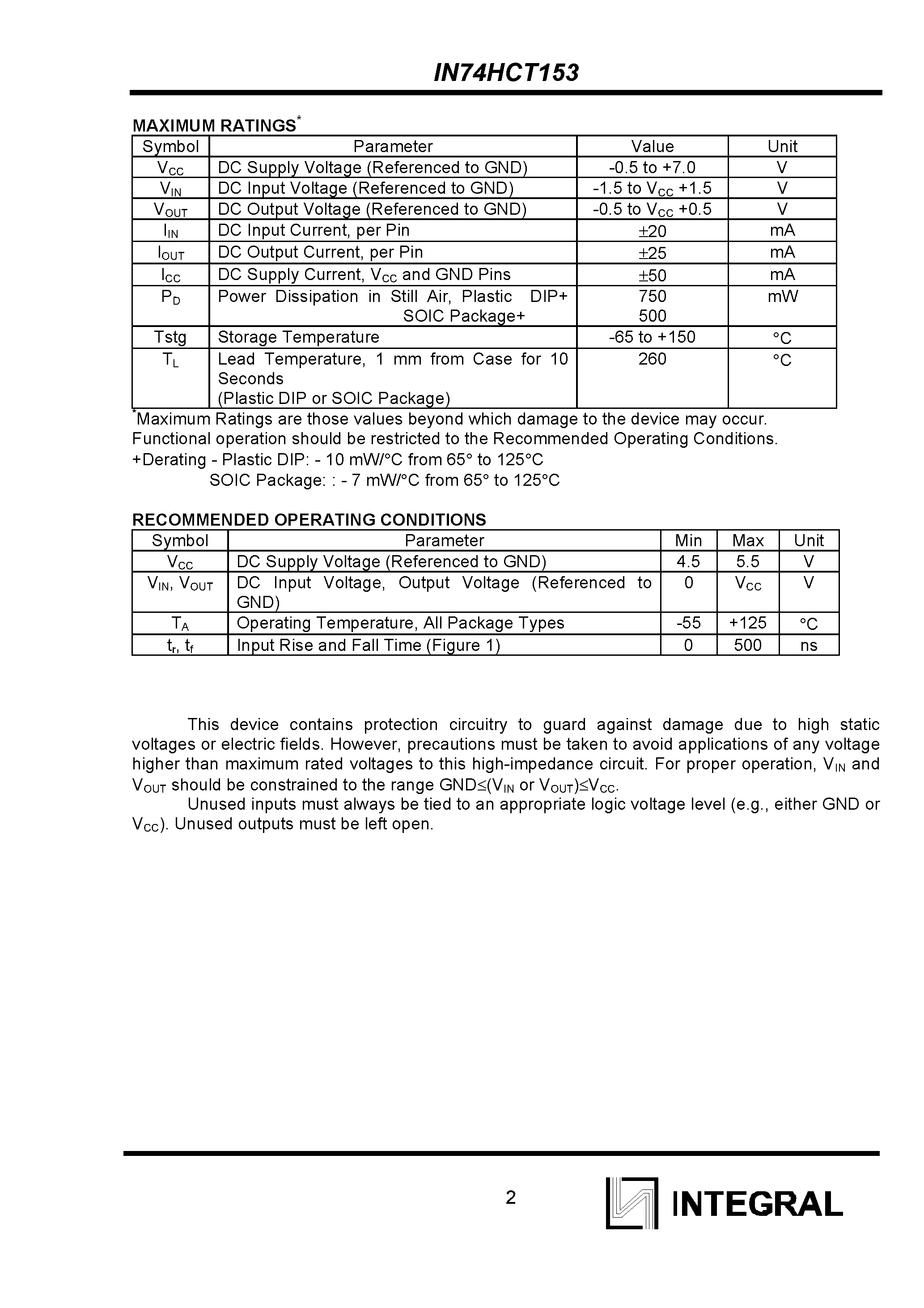 Даташит на микросхему IN74HCT153 страница 2 Даташит IN74HCT153 - DUAL 4-INPUT DATA SELECTOR/MULTIPLEXER страница 2