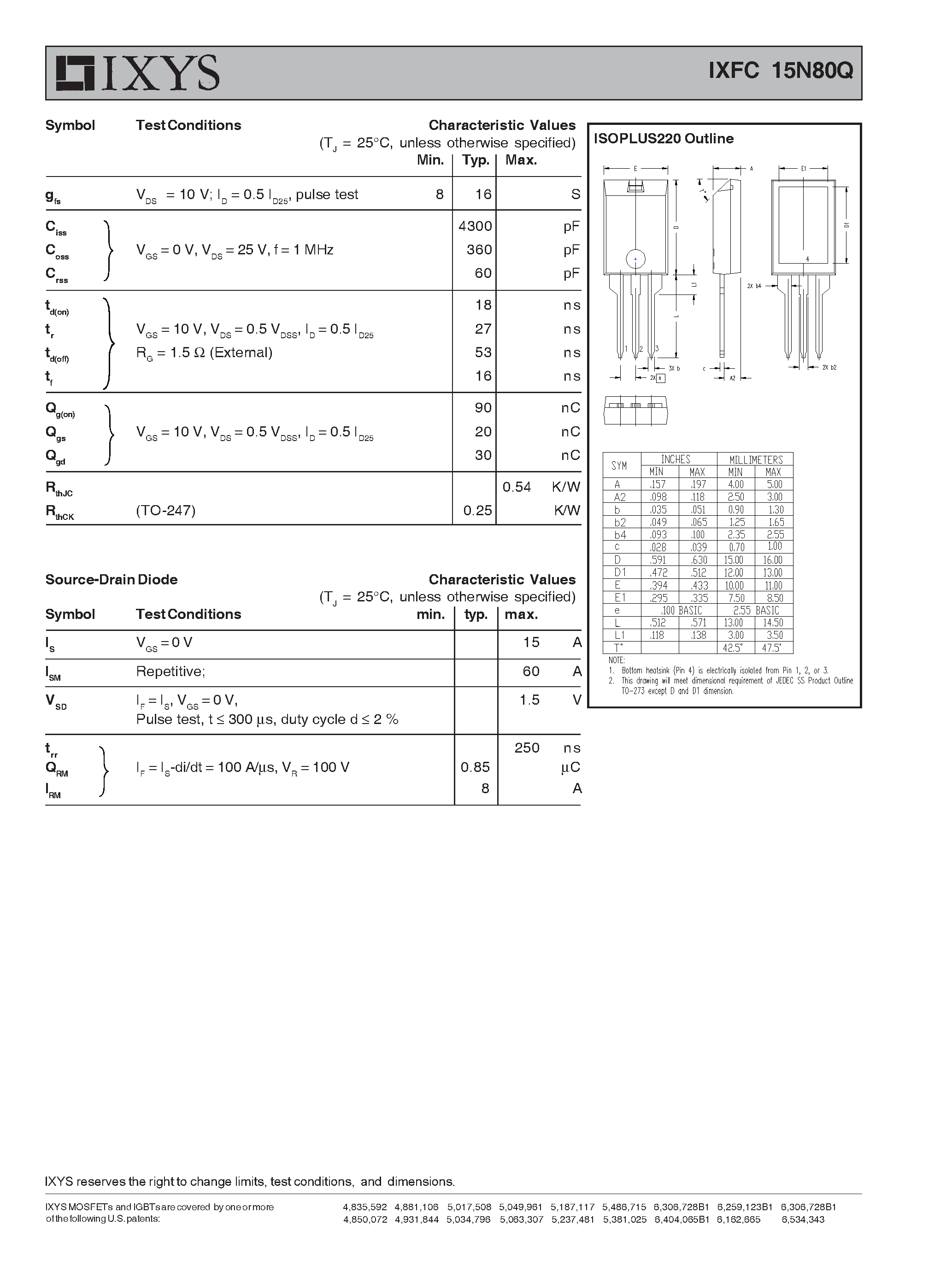 Datasheet IXFC15N80Q page 2 Datasheet IXFC15N80Q - HiPerFET ISOPLUS 220 MOSFET Q-Class Electrically Isolated Back Surface page 2