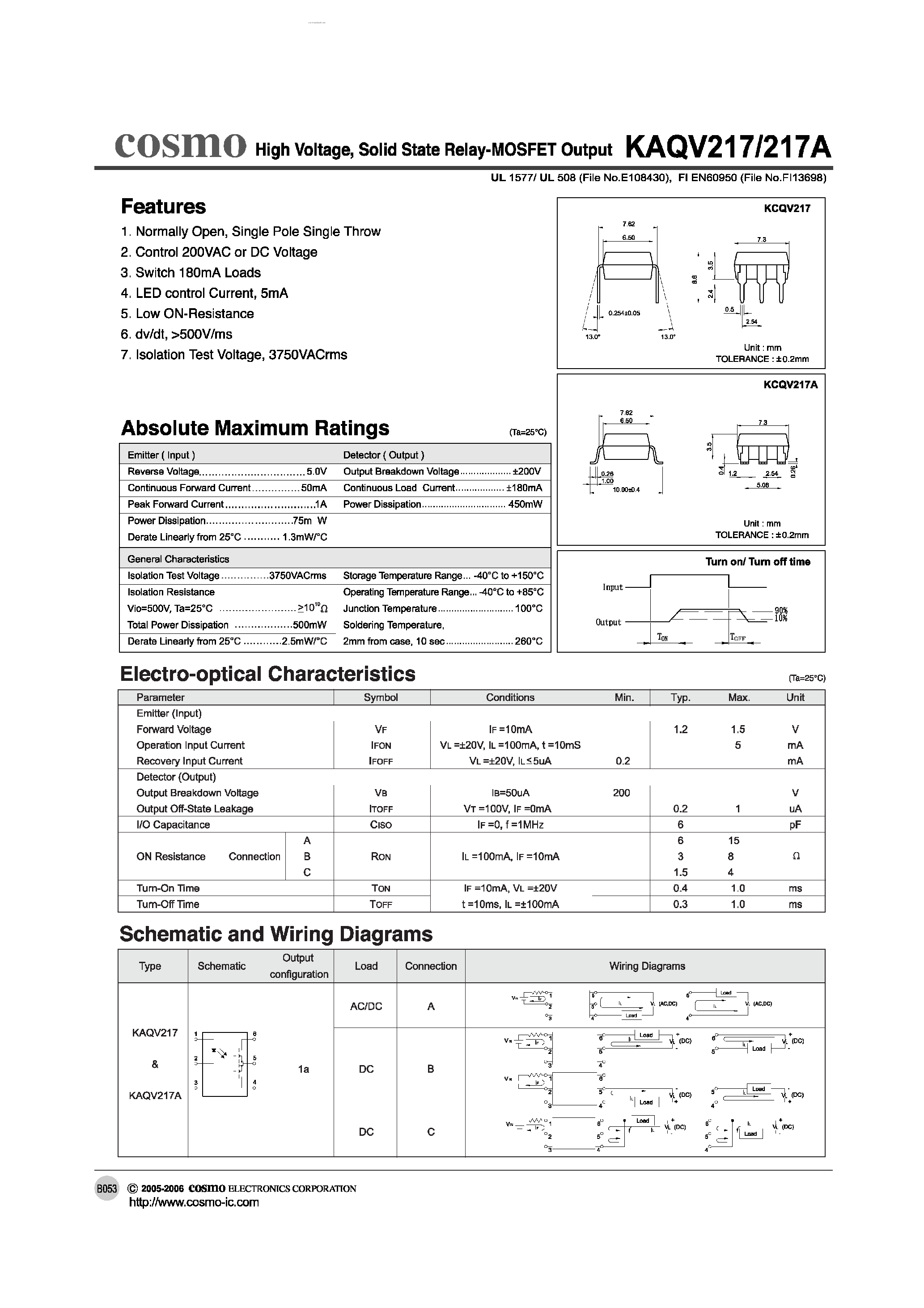 Даташит KAQV217A - Solid State Relay-MOSFET Output страница 1