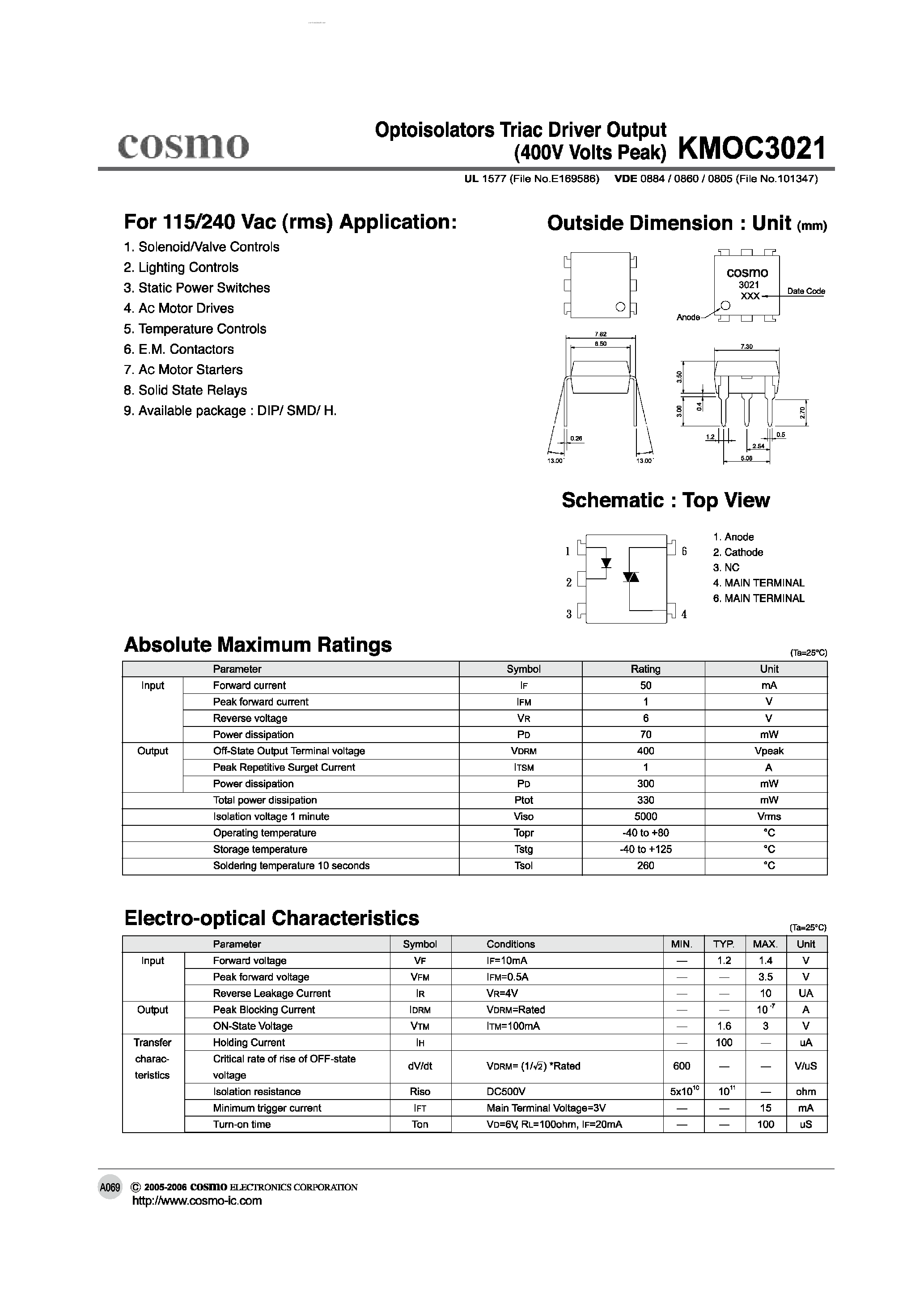 Datasheet KMOC3021 page 1 Datasheet KMOC3021 - Optoisolators Triac Driver Output page 1
