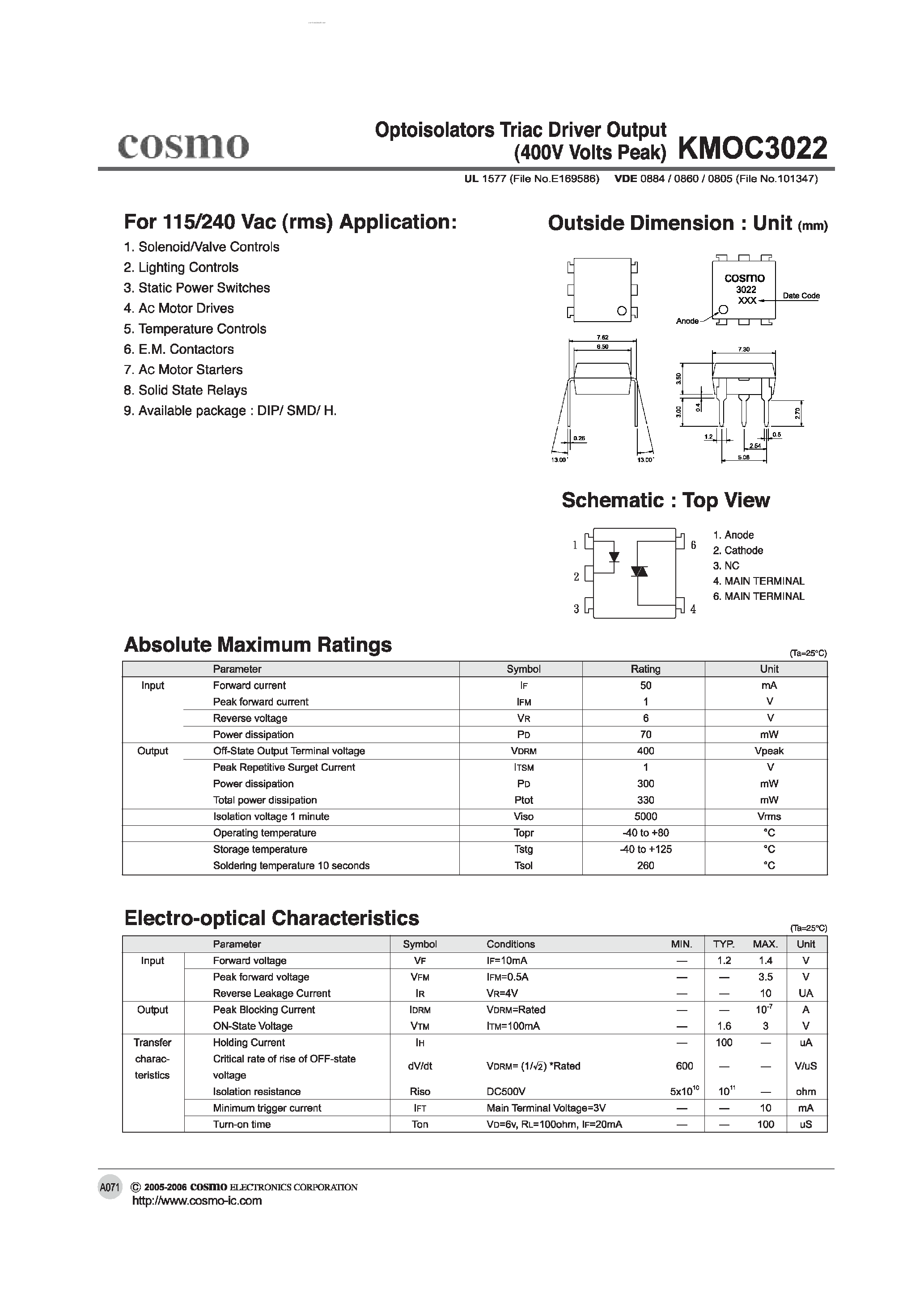 Datasheet KMOC3022 - OPTOISOLATORS TRIAC DRIVER OUTPUT page 1