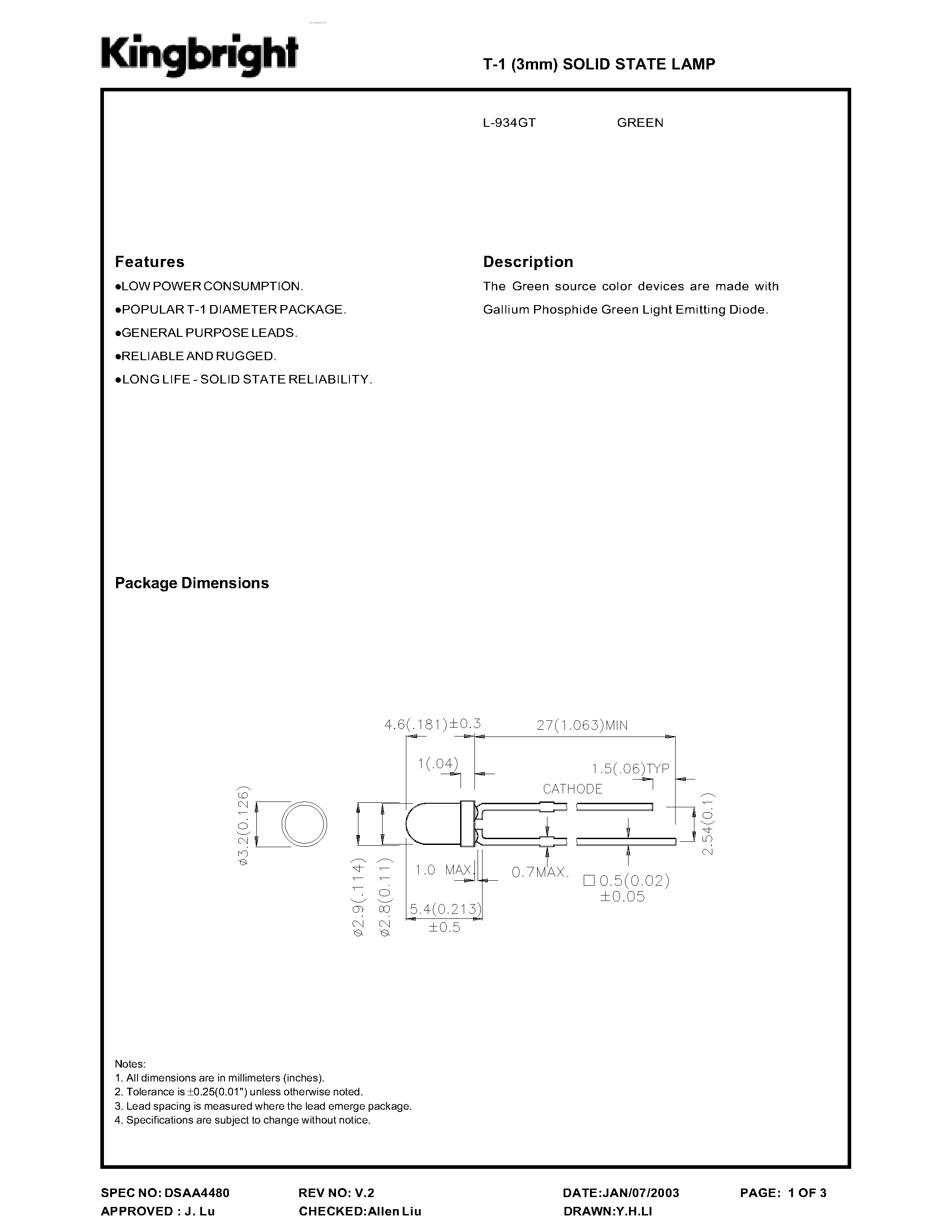 Даташит L-934GT - SOLID STATE LAMP страница 1