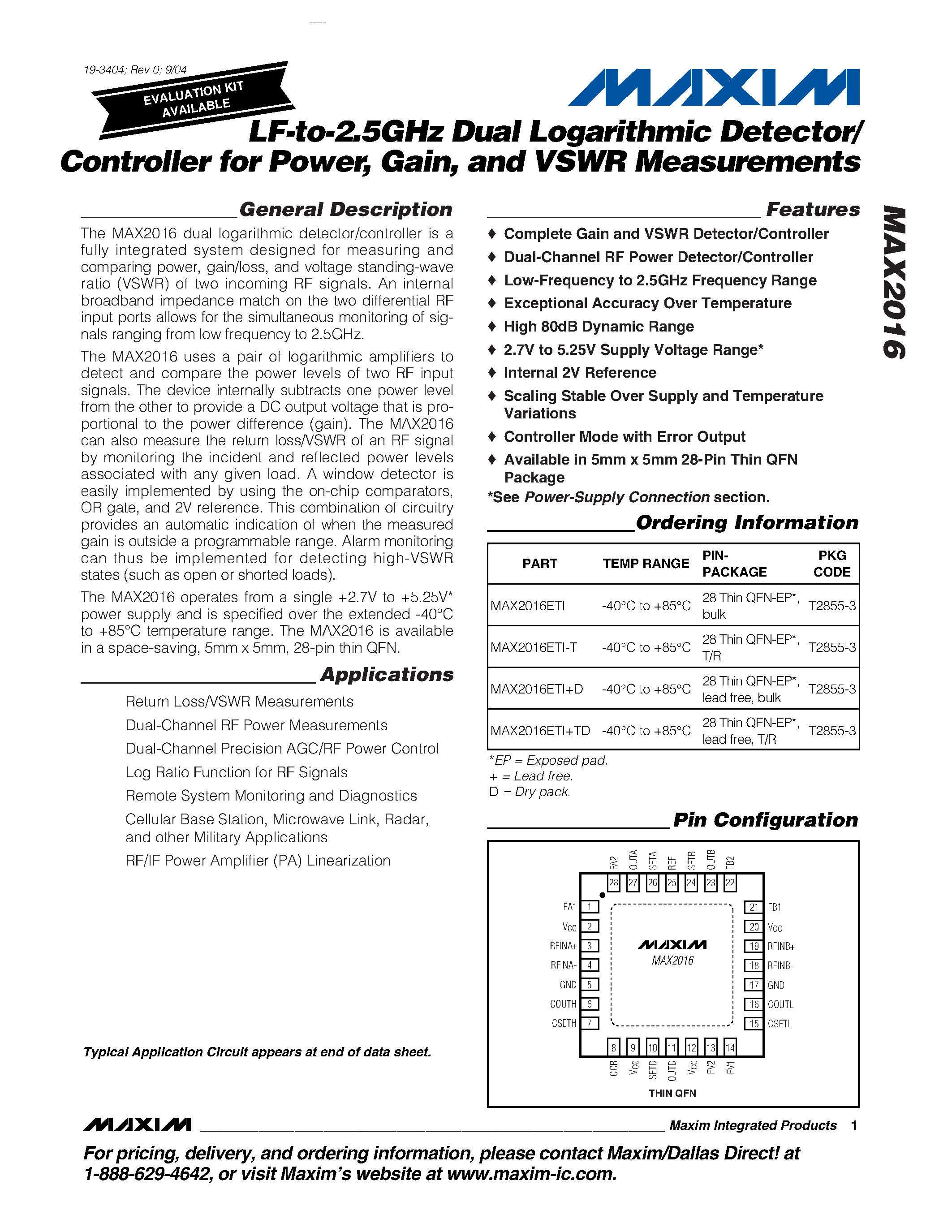 Datasheet MAX2016 - LF-to-2.5GHz Dual Logarithmic Detector/ Controller page 1