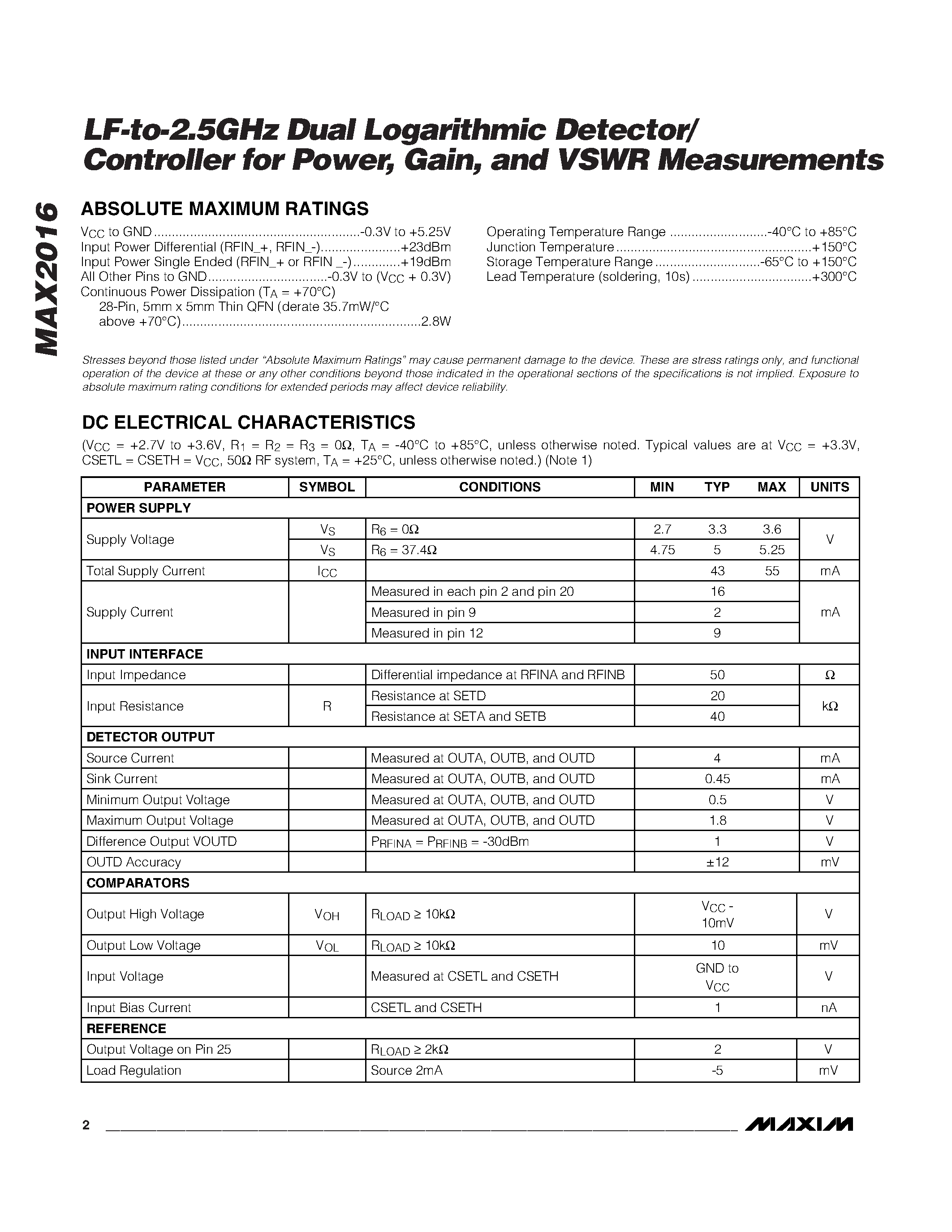 Datasheet MAX2016 - LF-to-2.5GHz Dual Logarithmic Detector/ Controller page 2