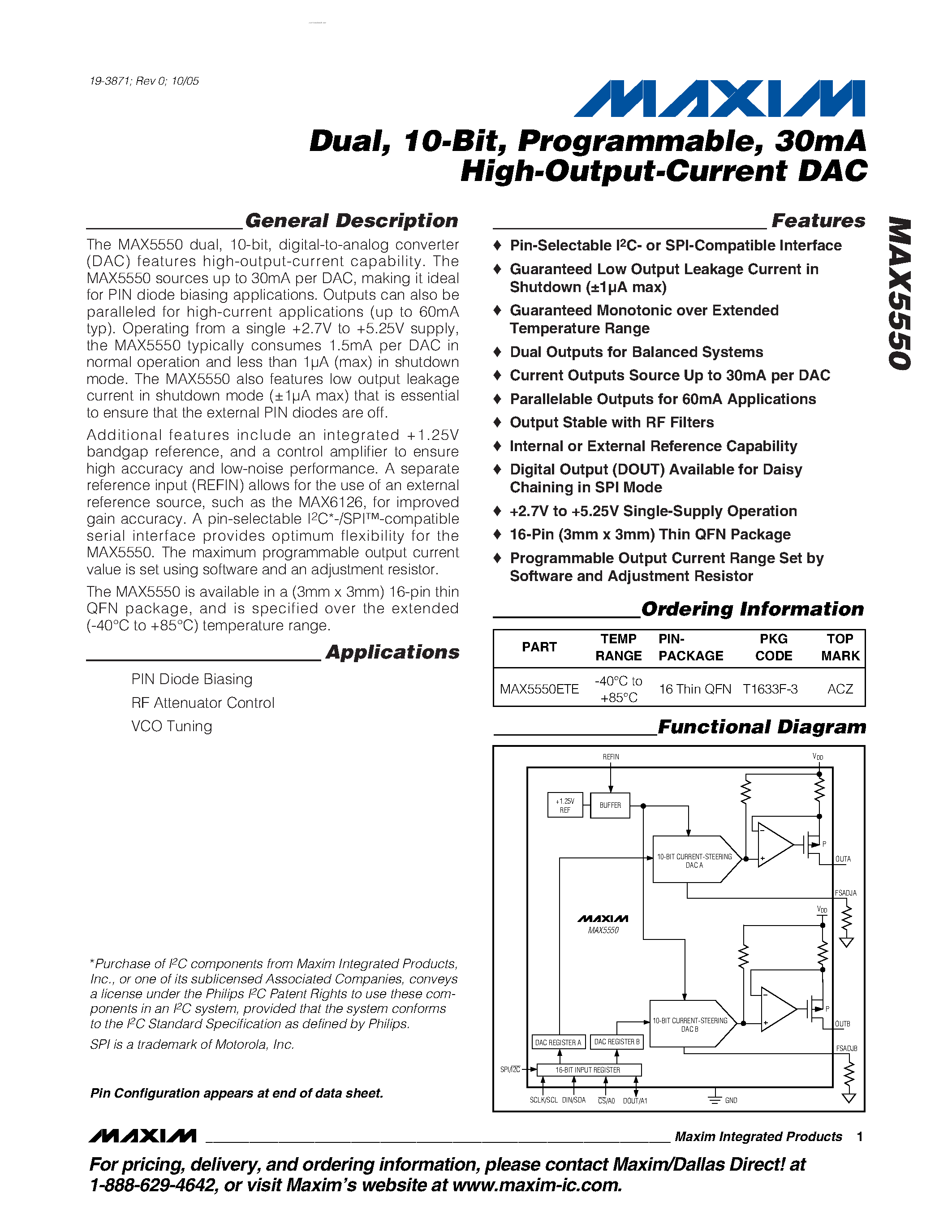 Datasheet MAX5550 - High-Output-Current DAC page 1