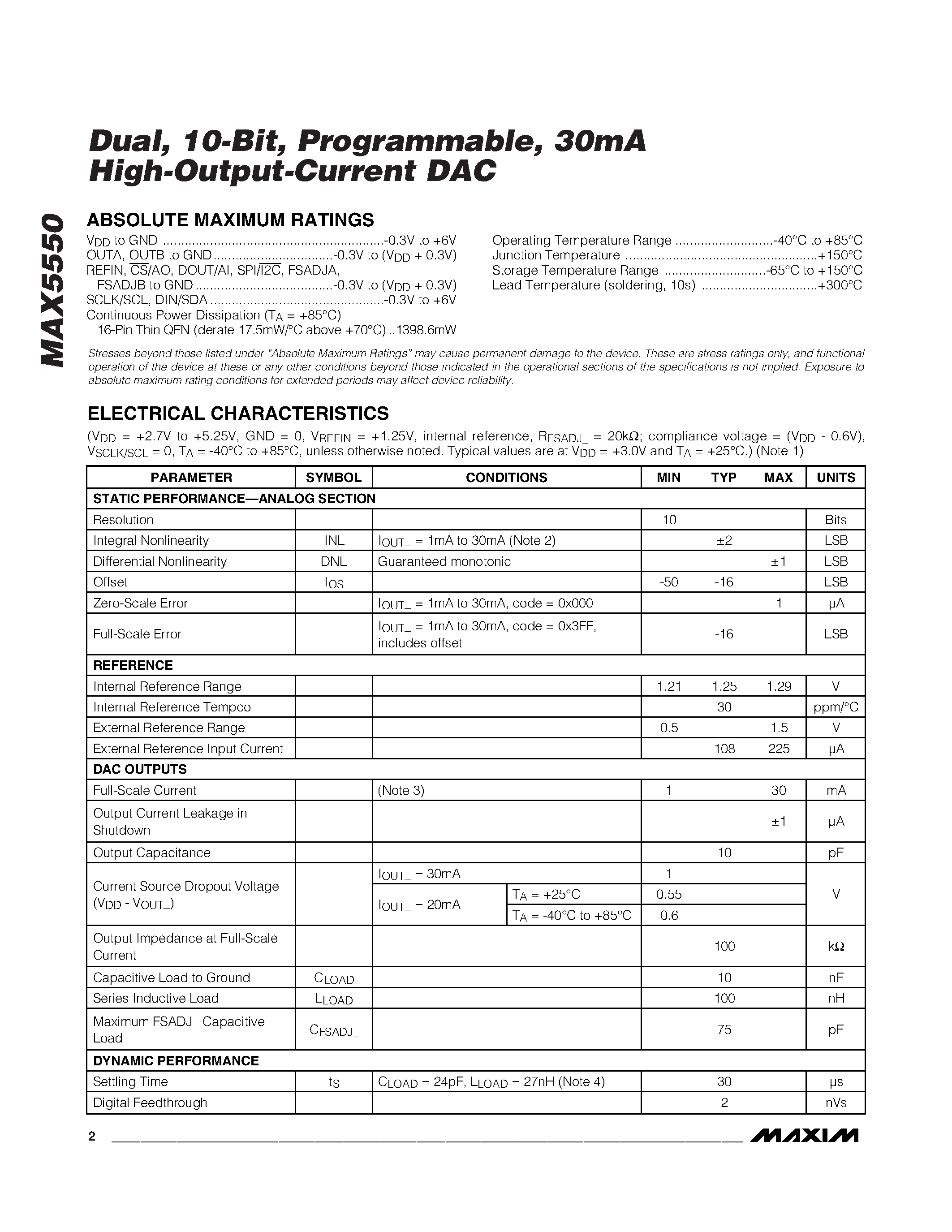 Datasheet MAX5550 - High-Output-Current DAC page 2