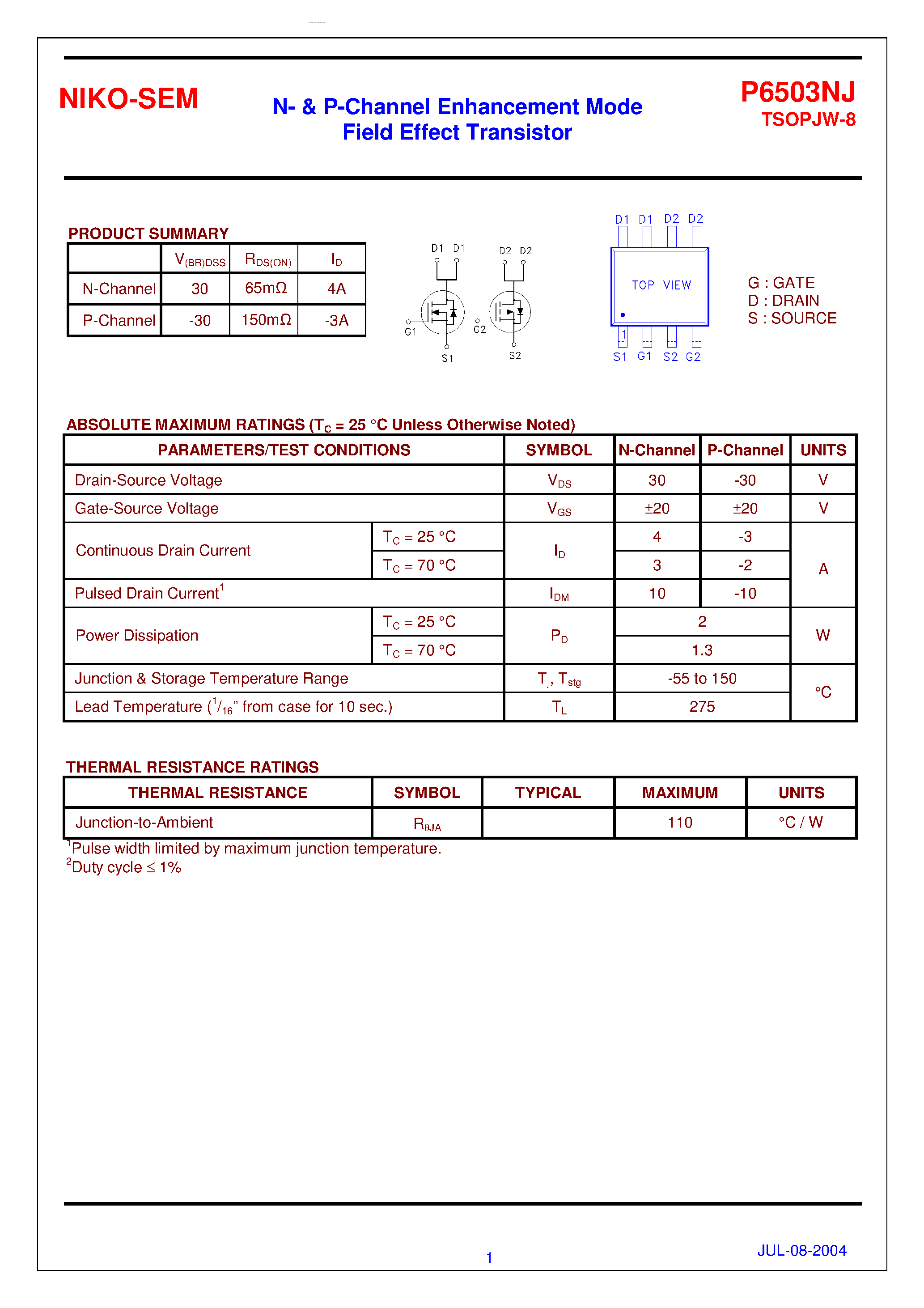 Datasheet P6503NJ - N&P-Channel Enhancement Mode Field Effect Transistor page 1