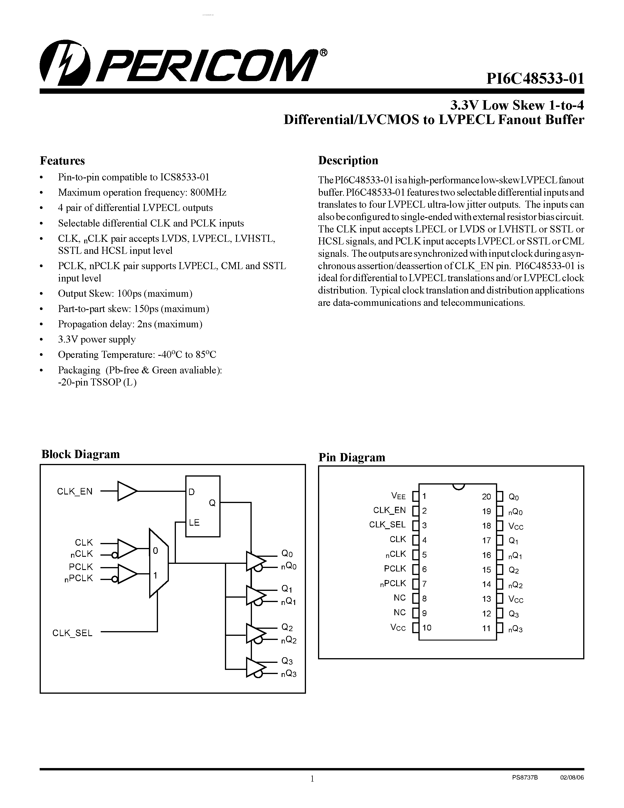 Datasheet PI6C48533-01 - Differential/LVCMOS to LVPECL Fanout Buffer page 1