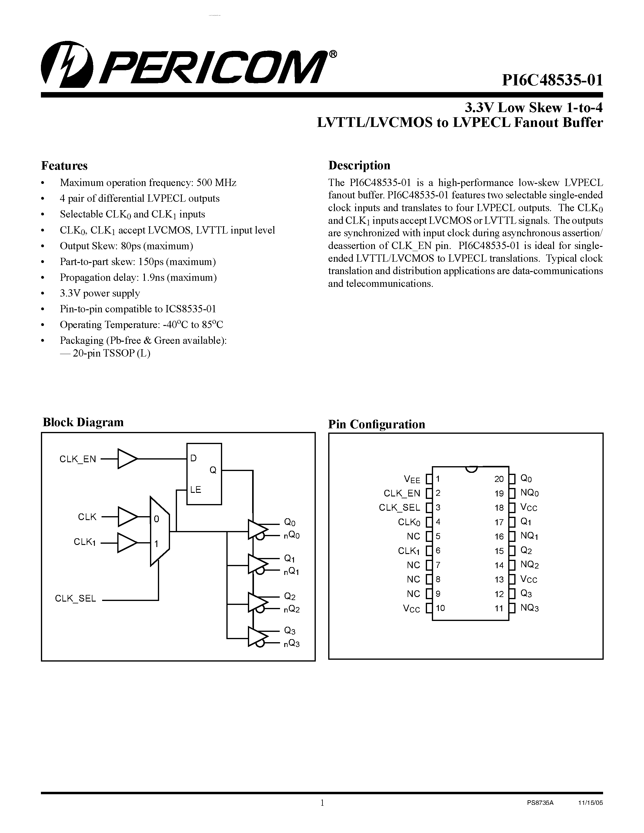 Datasheet PI6C48535-01 - LVTTL/LVCMOS to LVPECL Fanout Buffer page 1