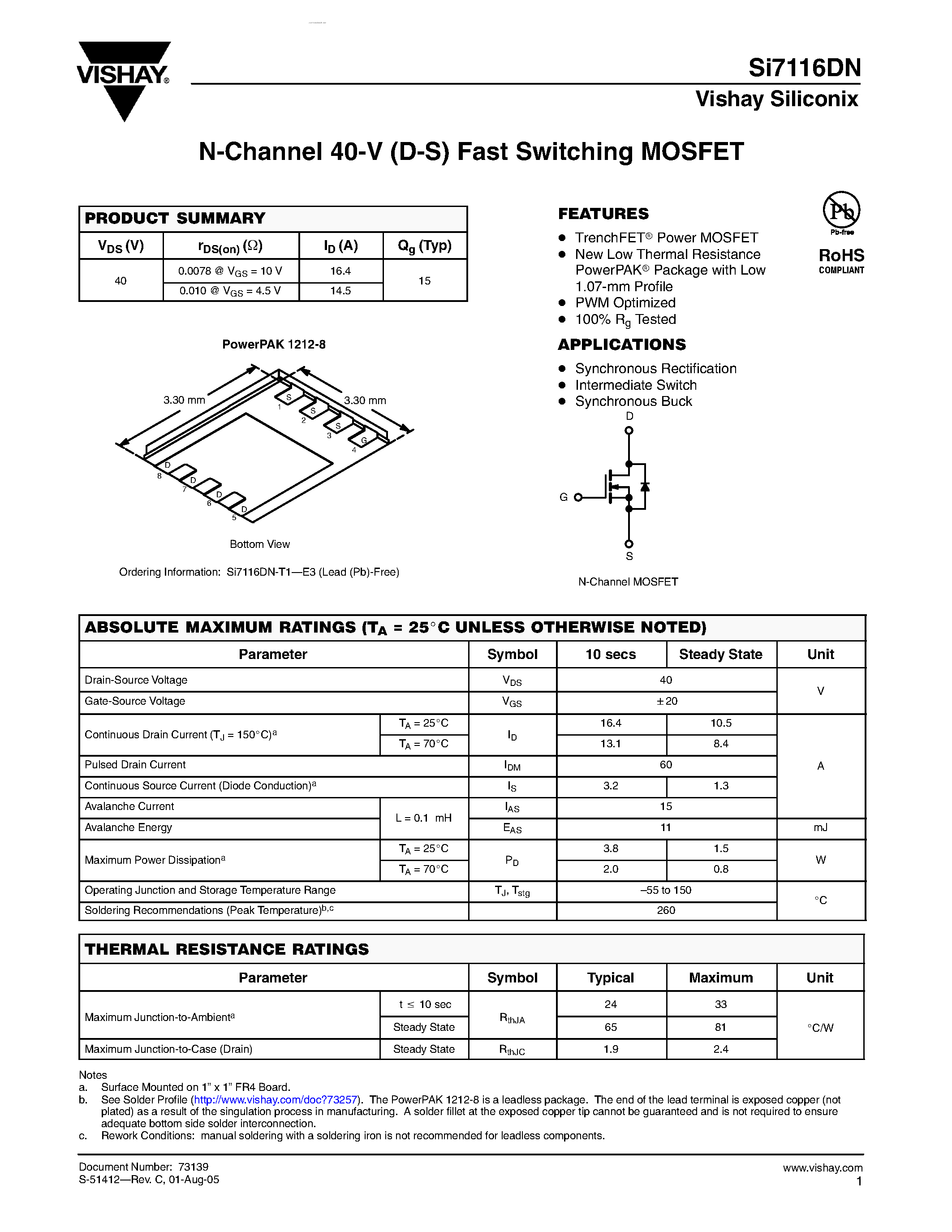 Даташит SI7116DN - N-Channel 40-V (D-S) Fast Switching MOSFET страница 1