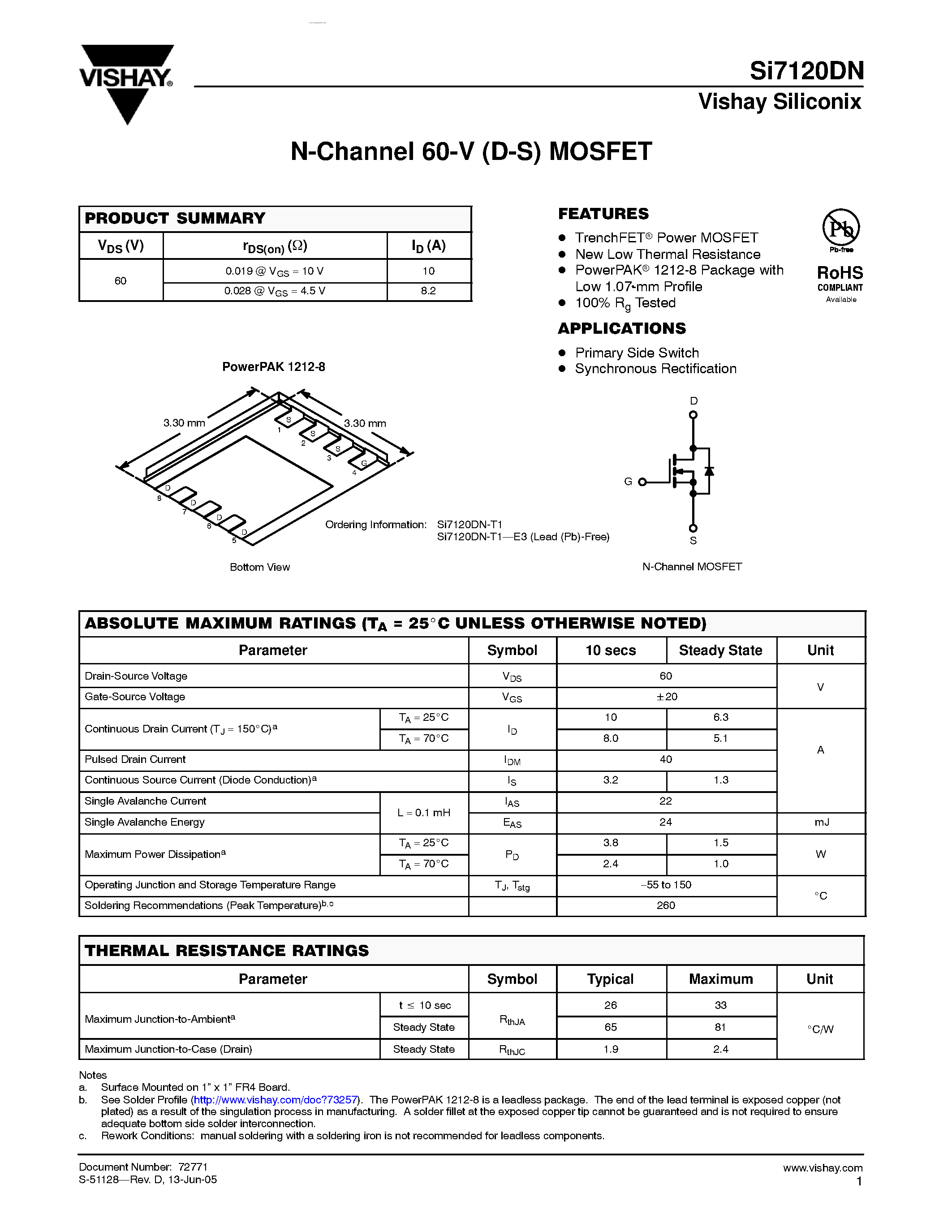 Даташит SI7120DN - N-Channel 60-V (D-S) MOSFET страница 1