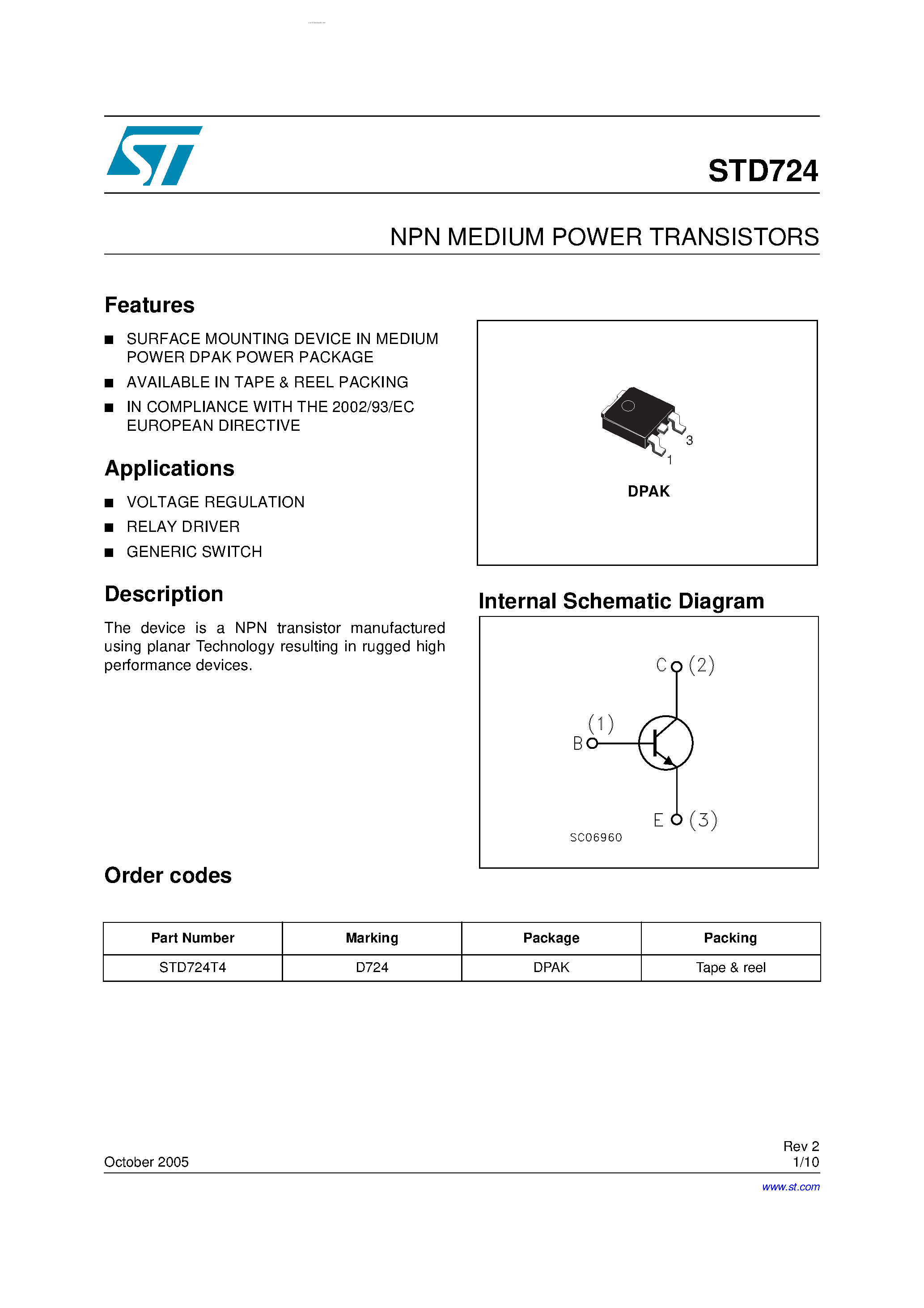 Datasheet STD724 page 1 Datasheet STD724 - NPN MEDIUM POWER TRANSISTORS page 1