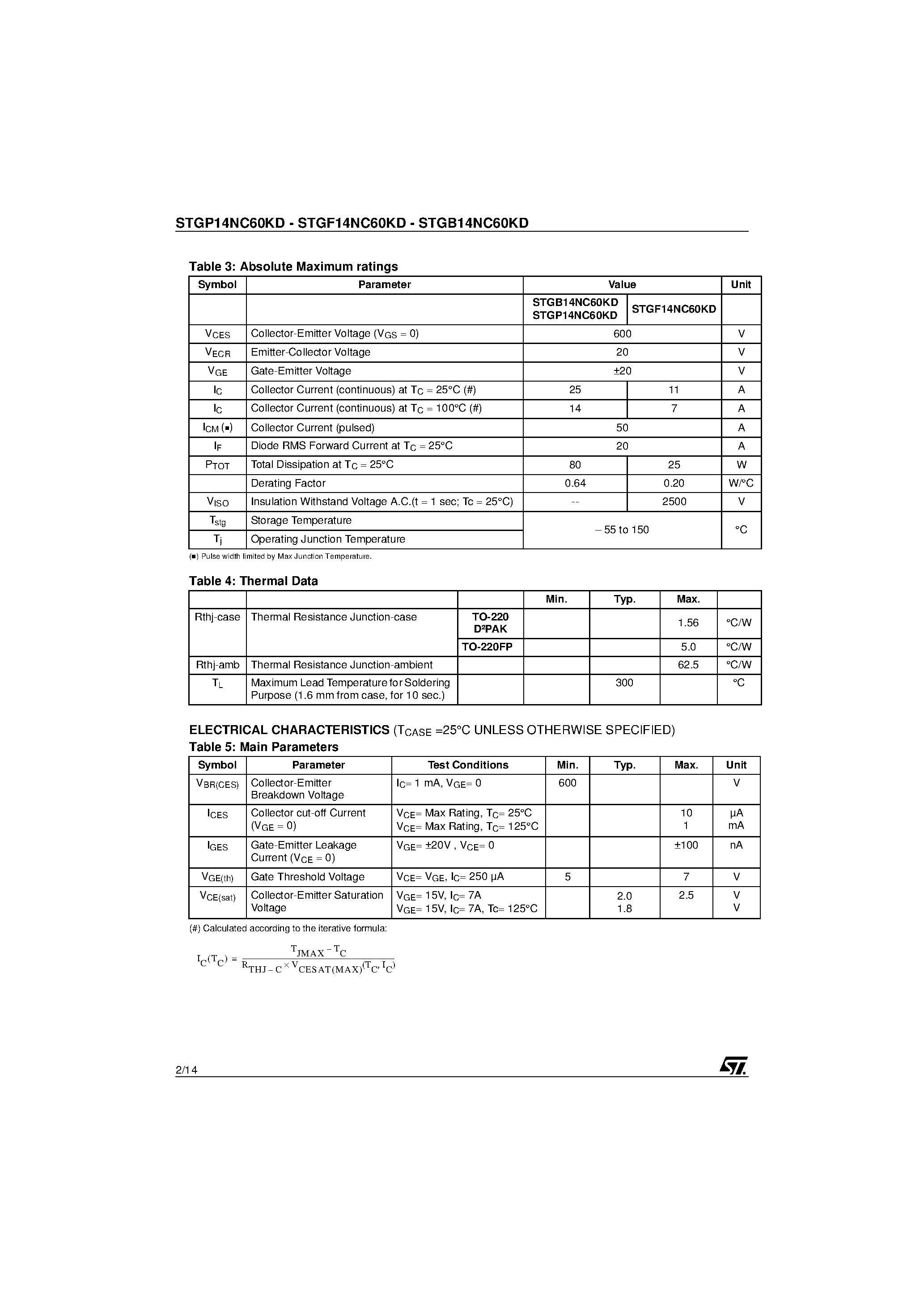 Datasheet STGB14NC60KD page 2 Datasheet STGB14NC60KD - N-CHANNEL PowerMESH IGBT page 2