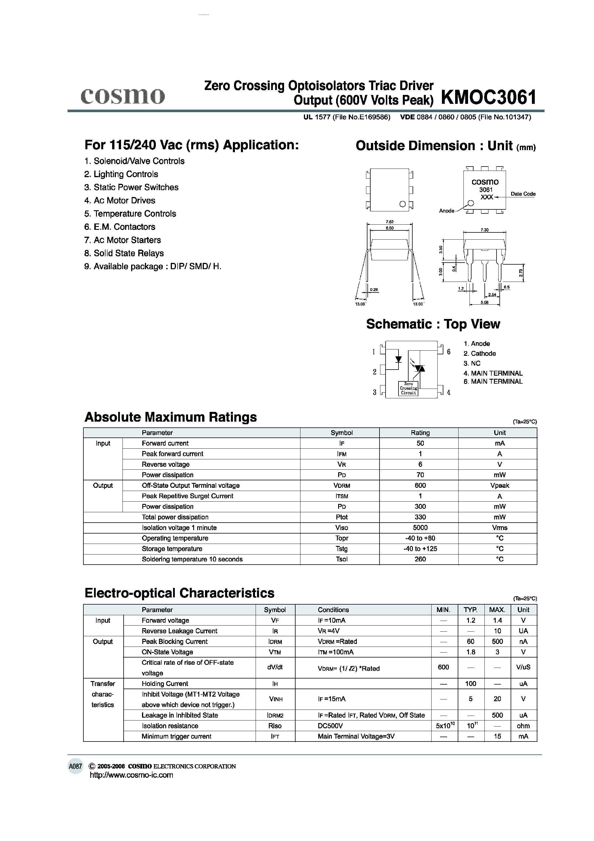 Datasheet KMOC3061 - ZERO CROSSING OPTOISOLATORS TRIAC DRIVER OUTPUT page 1