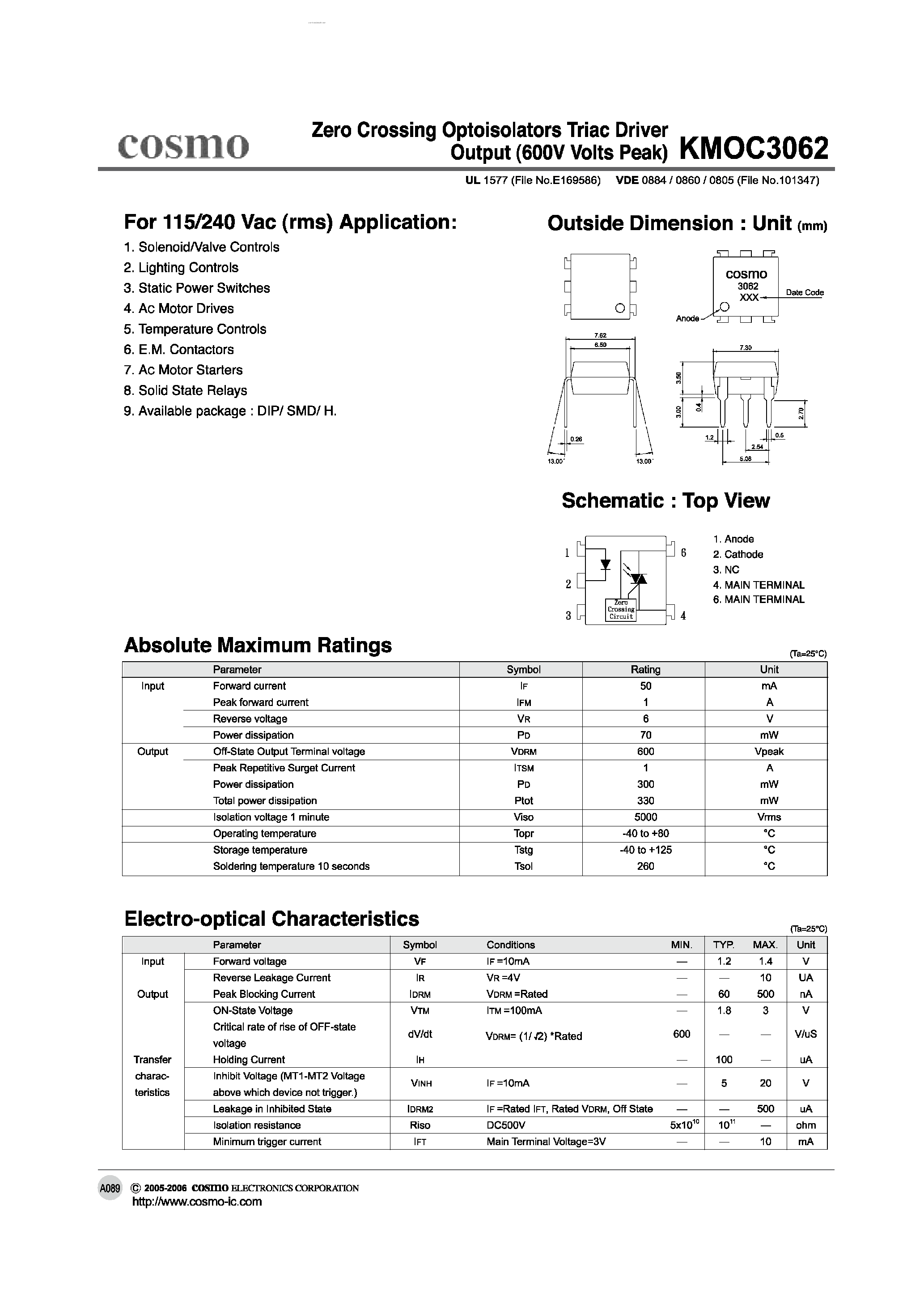Datasheet KMOC3062 page 1 Datasheet KMOC3062 - ZERO CROSSING OPTOISOLATORS TRIAC DRIVER OUTPUTl page 1