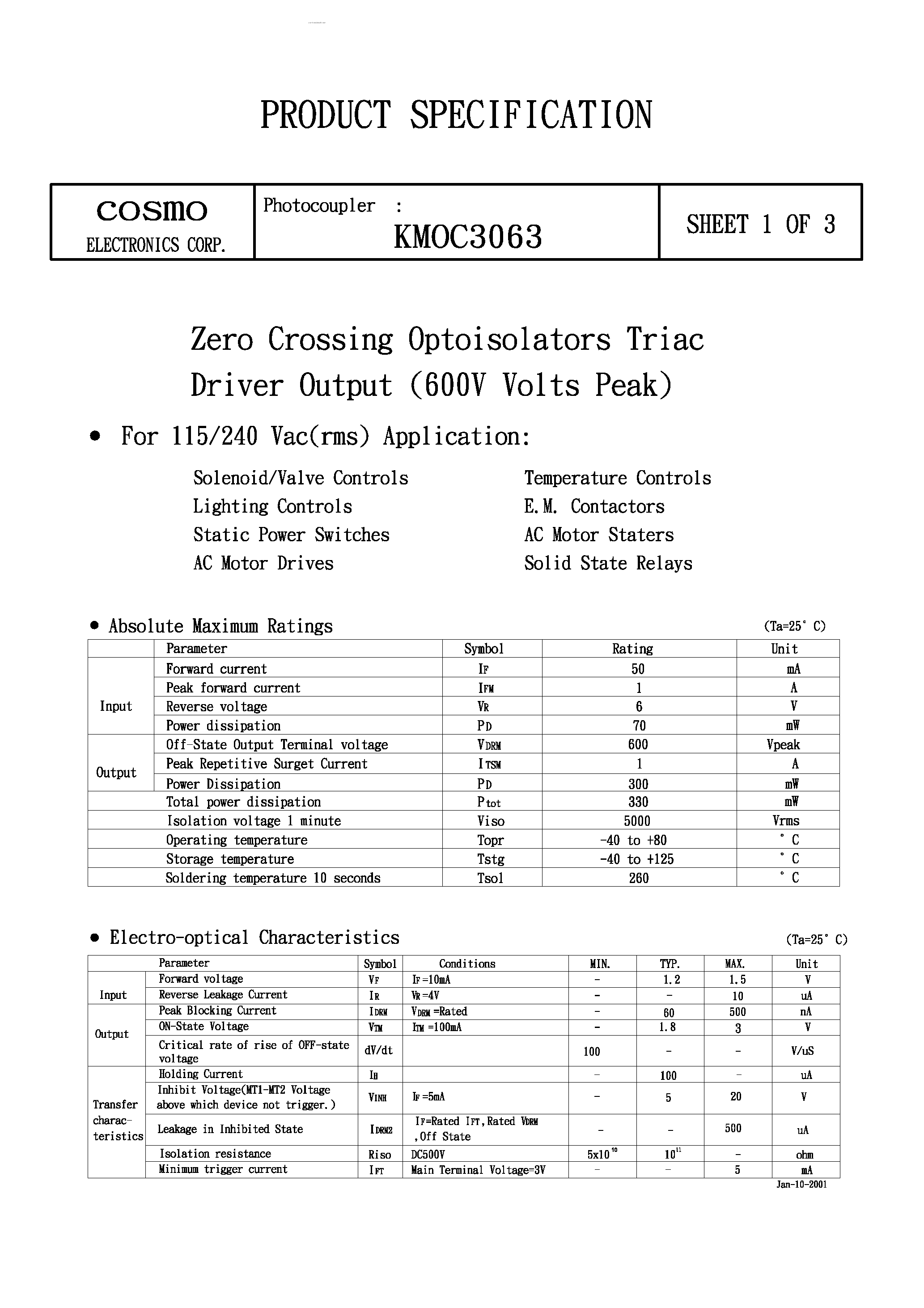 Datasheet KMOC3063 - ZERO CROSSING OPTOISOLATORS TRIAC DRIVER OUTPUT page 1