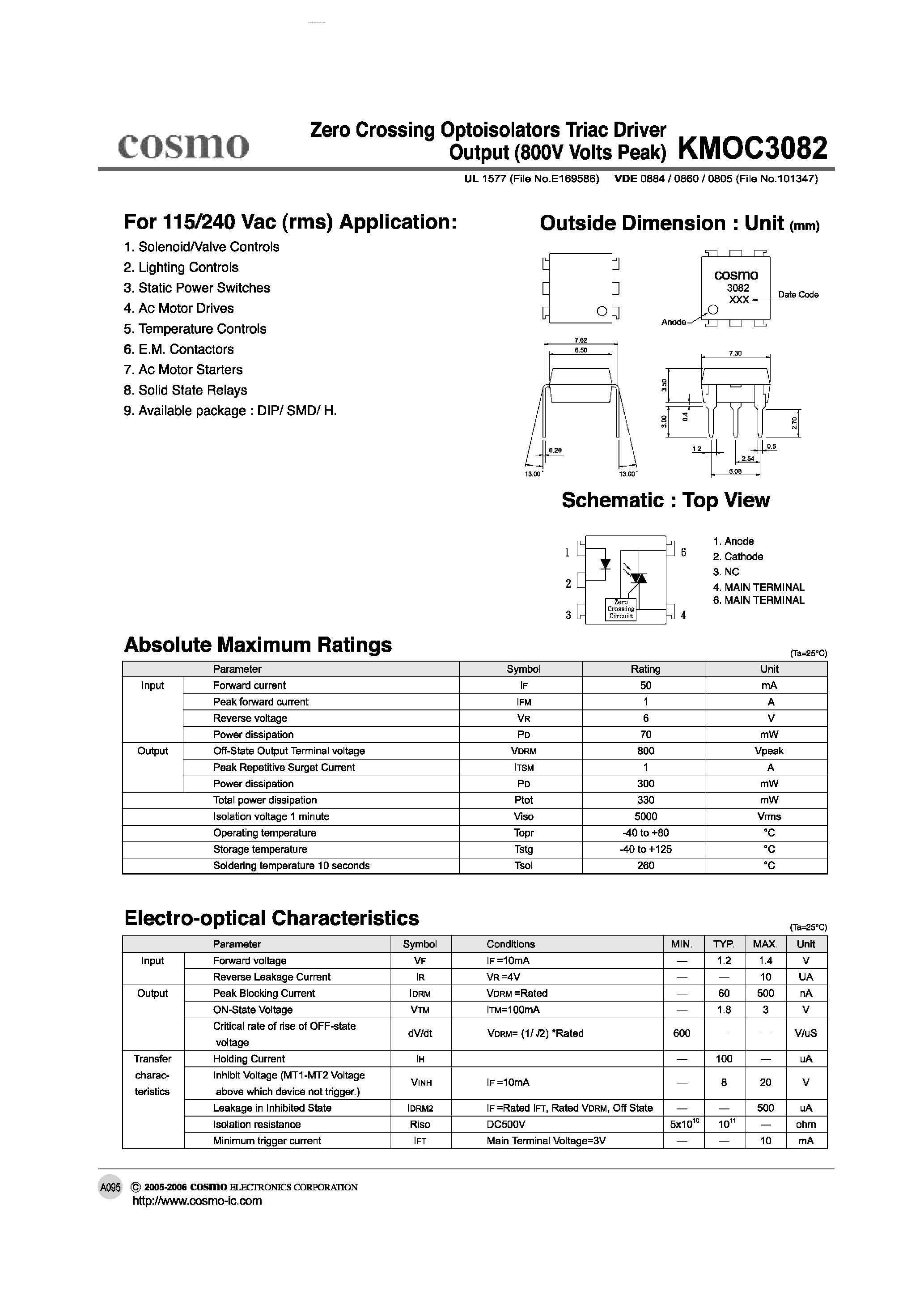 Datasheet KMOC3082 - ZERO CROSSING OPTOISOLATORS TRIAC DRIVER OUTPUT page 1