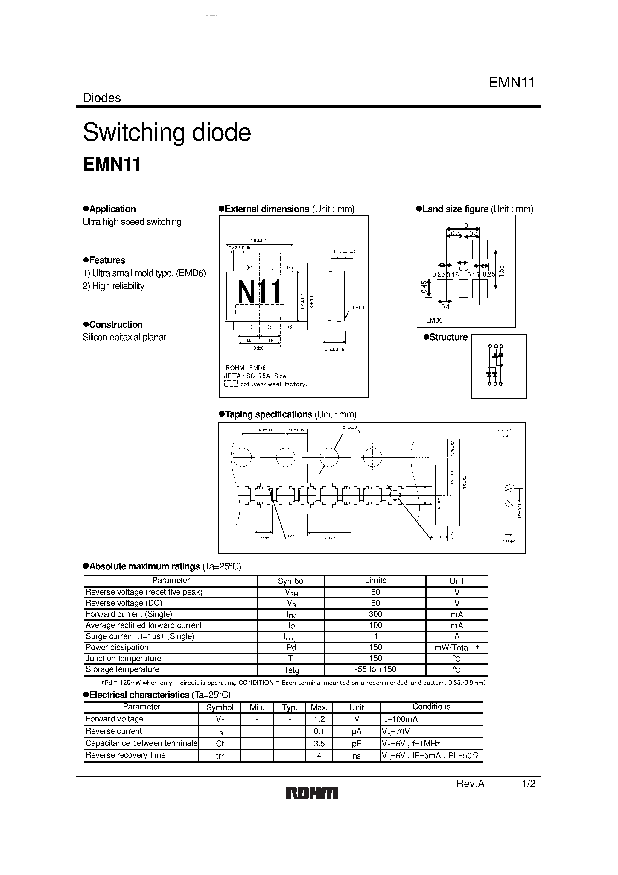 Даташит на микросхему EMN11 страница 1 Даташит EMN11 - Switching diode страница 1