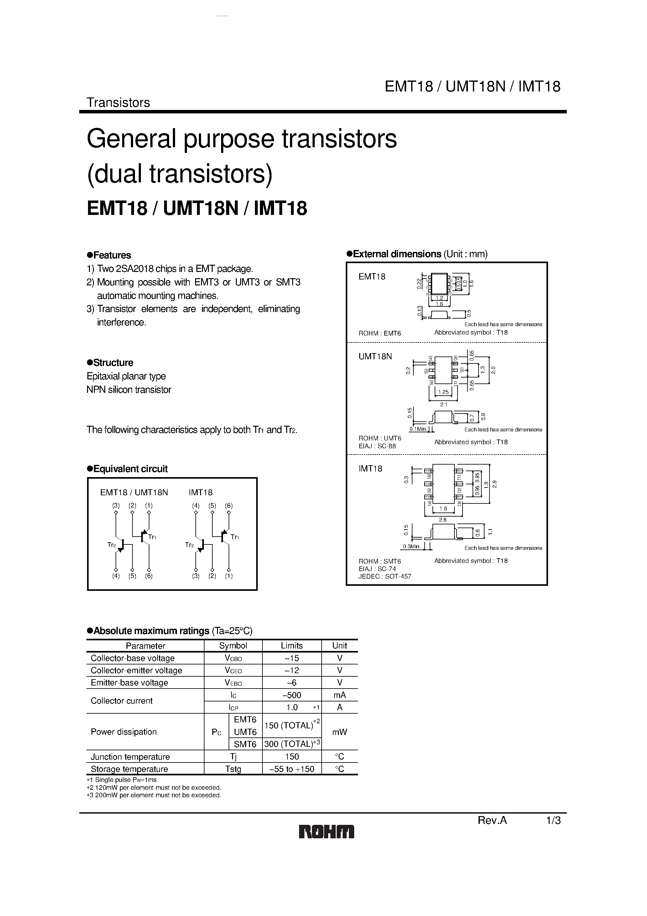 Даташит EMT18 - General purpose transistors страница 1