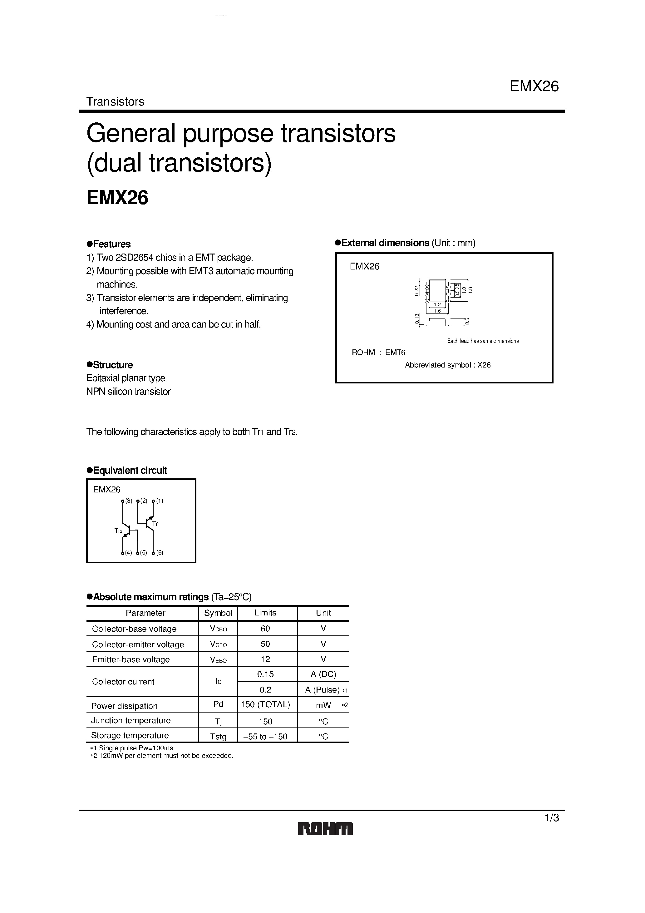 Даташит EMX26 - General purpose transistors страница 1