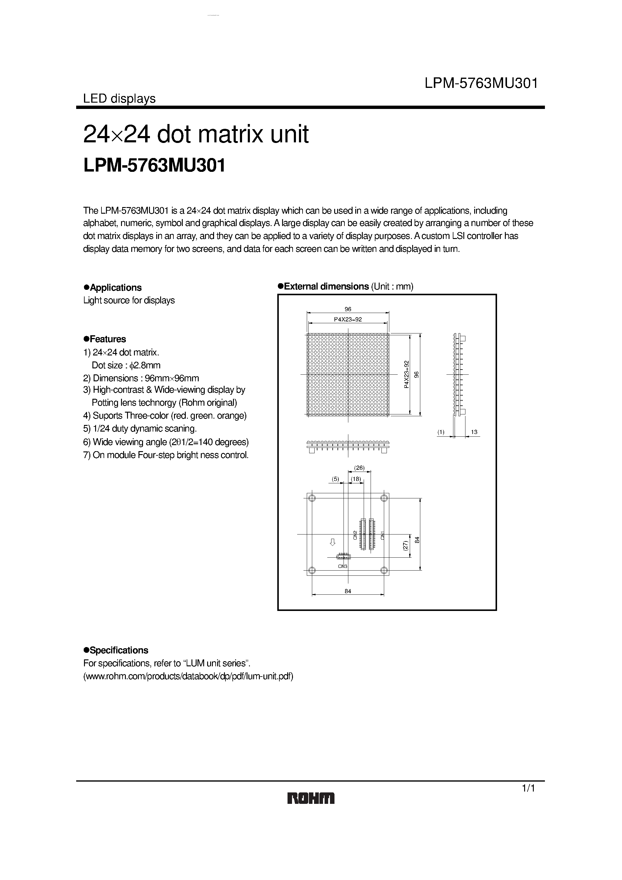Даташит LPM-5763MU301 - 24 x 24 dot matrix unit страница 1