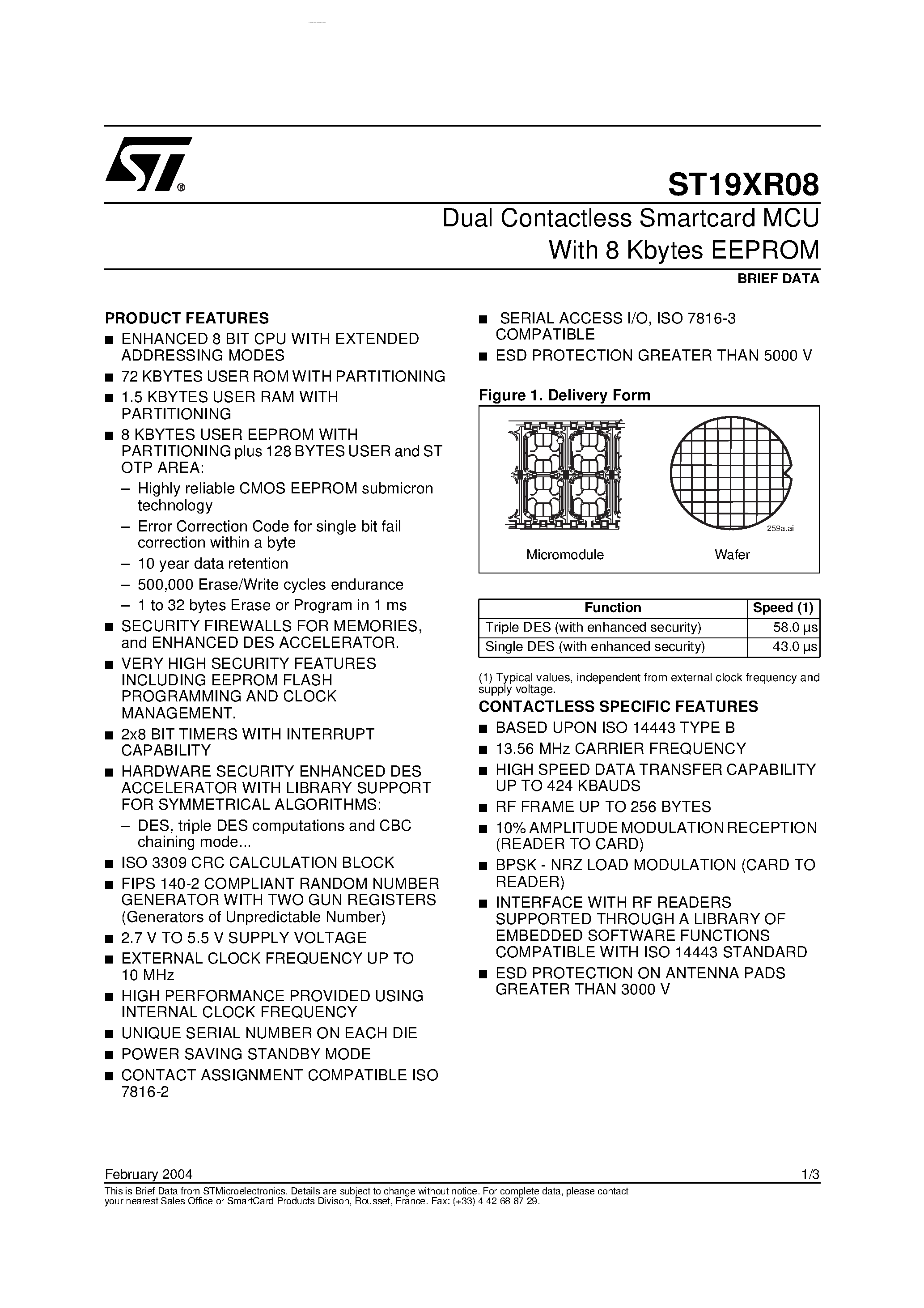 Datasheet ST19XR08 page 1 Datasheet ST19XR08 - Dual Contactless Smartcard MCU page 1