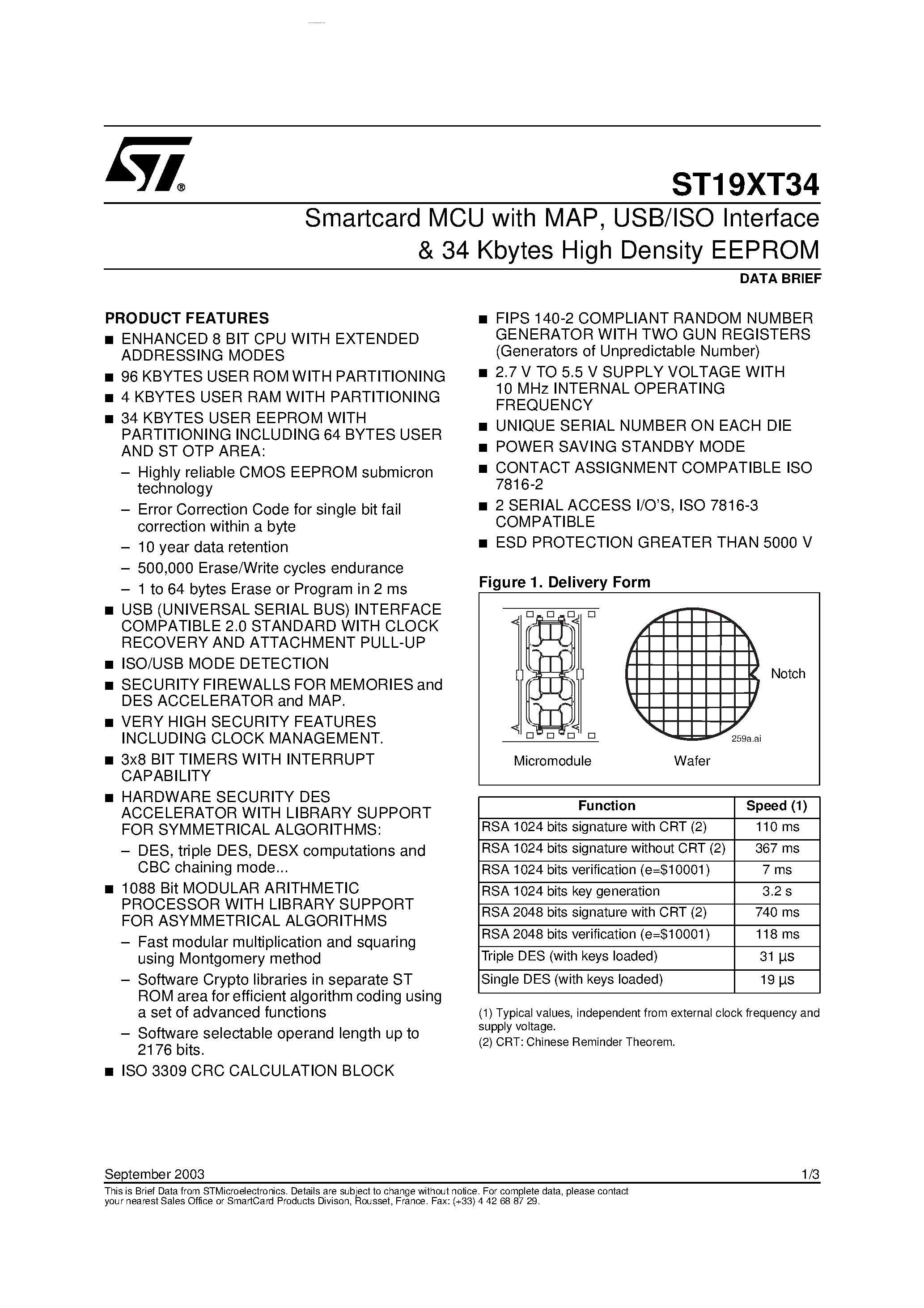 Datasheet ST19XT34 - Smartcard MCU page 1