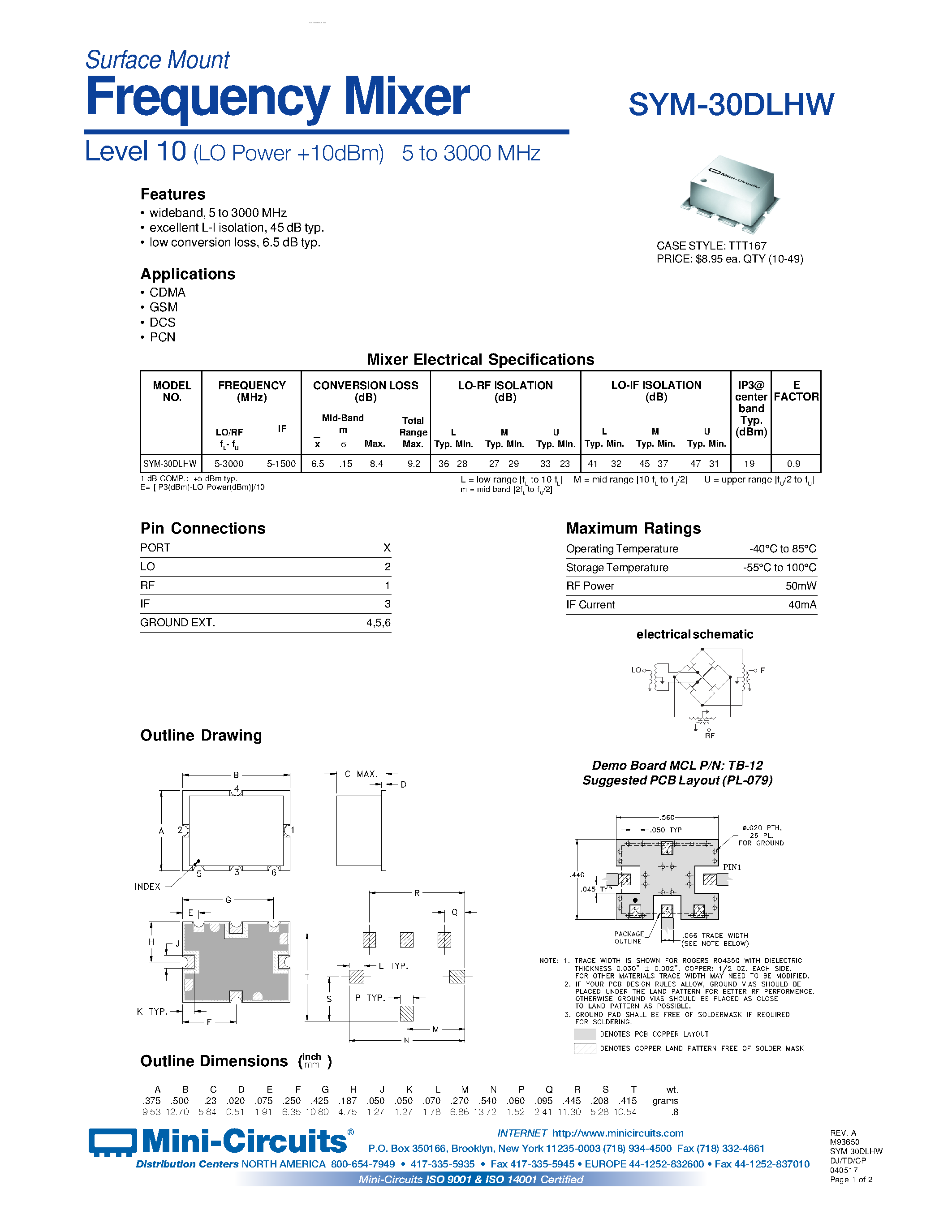 Datasheet SYM-30DLHW - Level 10 (LO Power +10dBm) 5 to 3000 MHz page 1