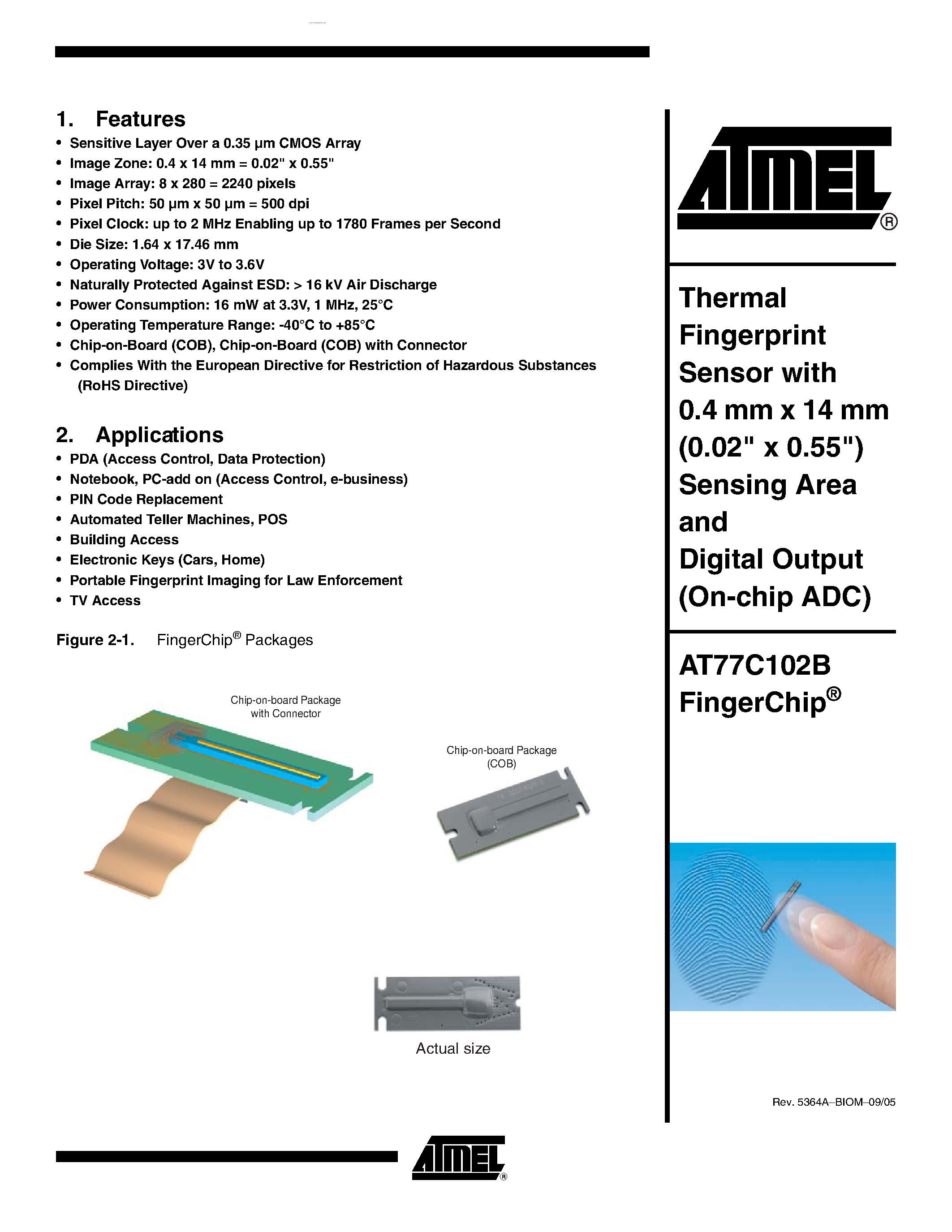 Datasheet AT77C102B page 1 Datasheet AT77C102B - Thermal Fingerprint Sensor page 1