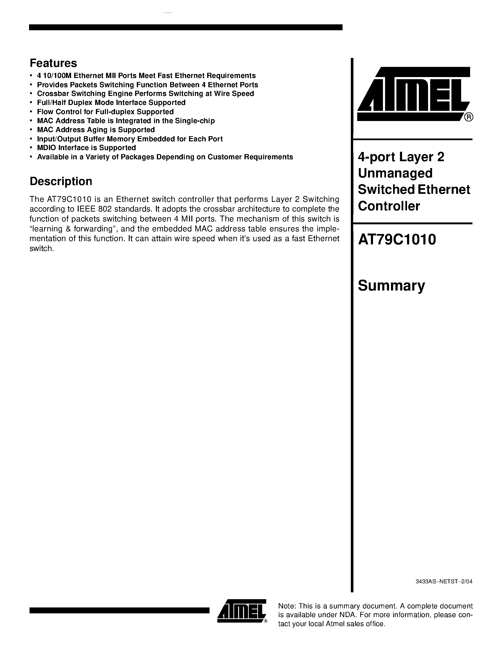 Datasheet AT79C1010 - 4-port Layer 2 Unmanaged Switched Ethernet Controller page 1