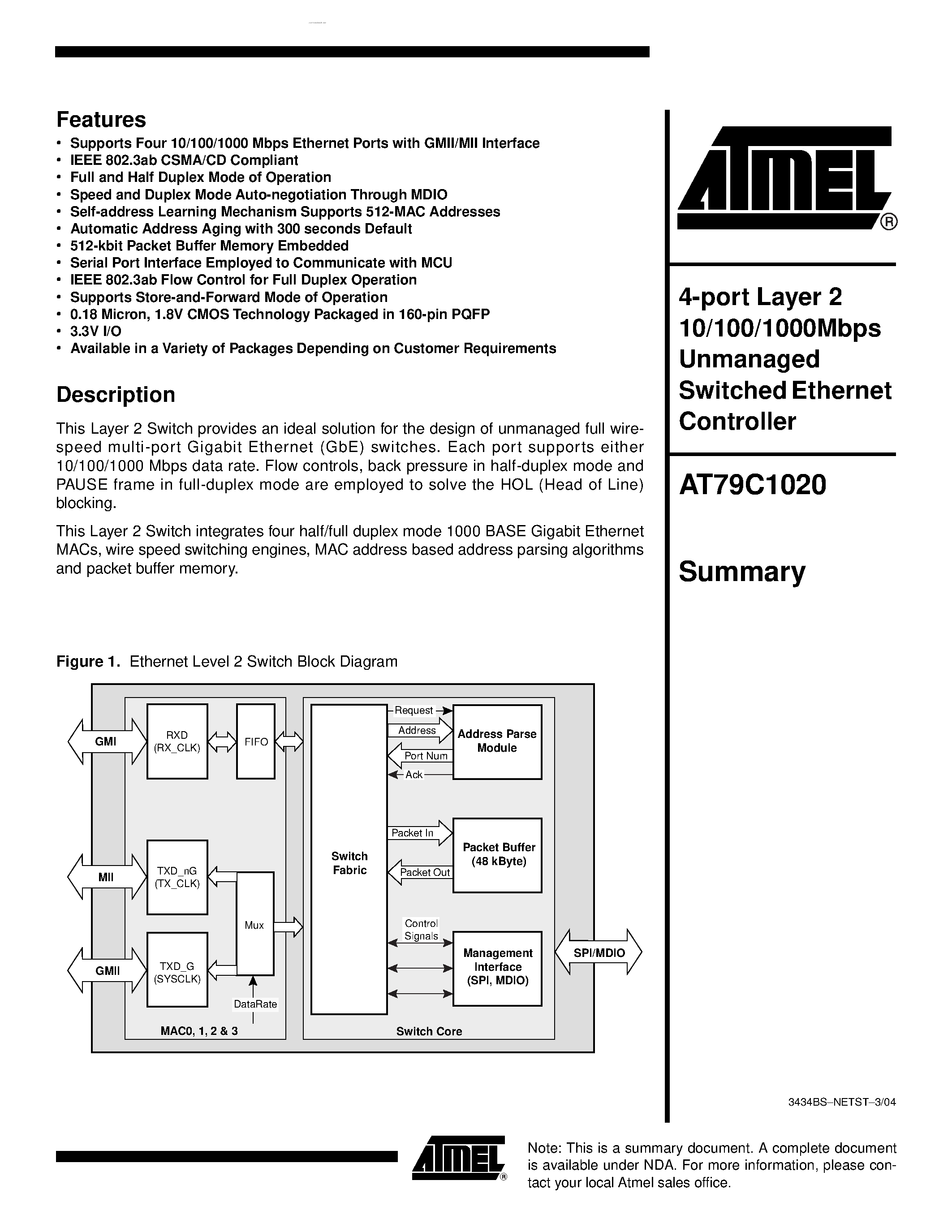 Datasheet AT79C1020 - 4-port Layer 2 10/100/1000Mbps Unmanaged Switched Ethernet Controller page 1