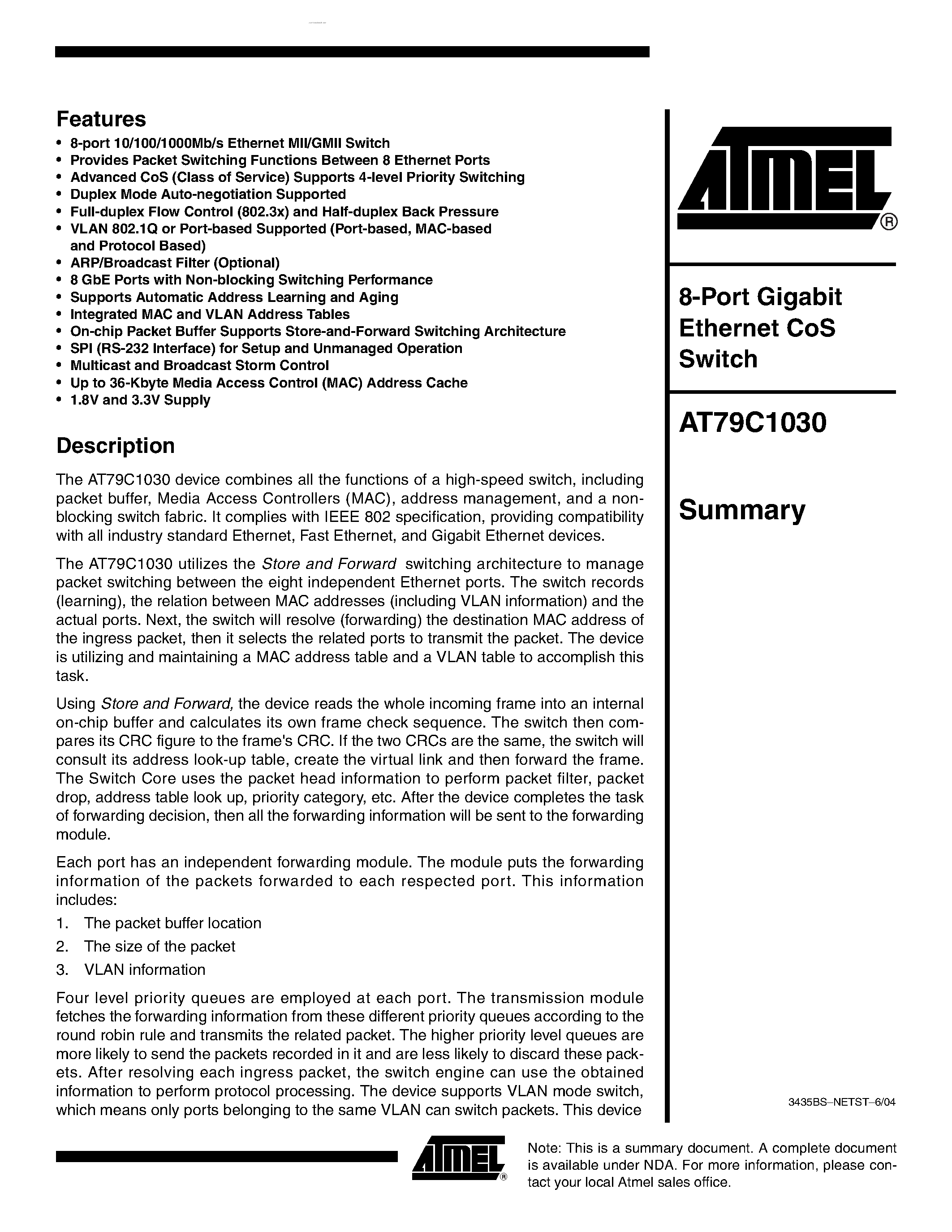 Даташит AT79C1030 - 8-Port Gigabit Ethernet CoS Switch страница 1