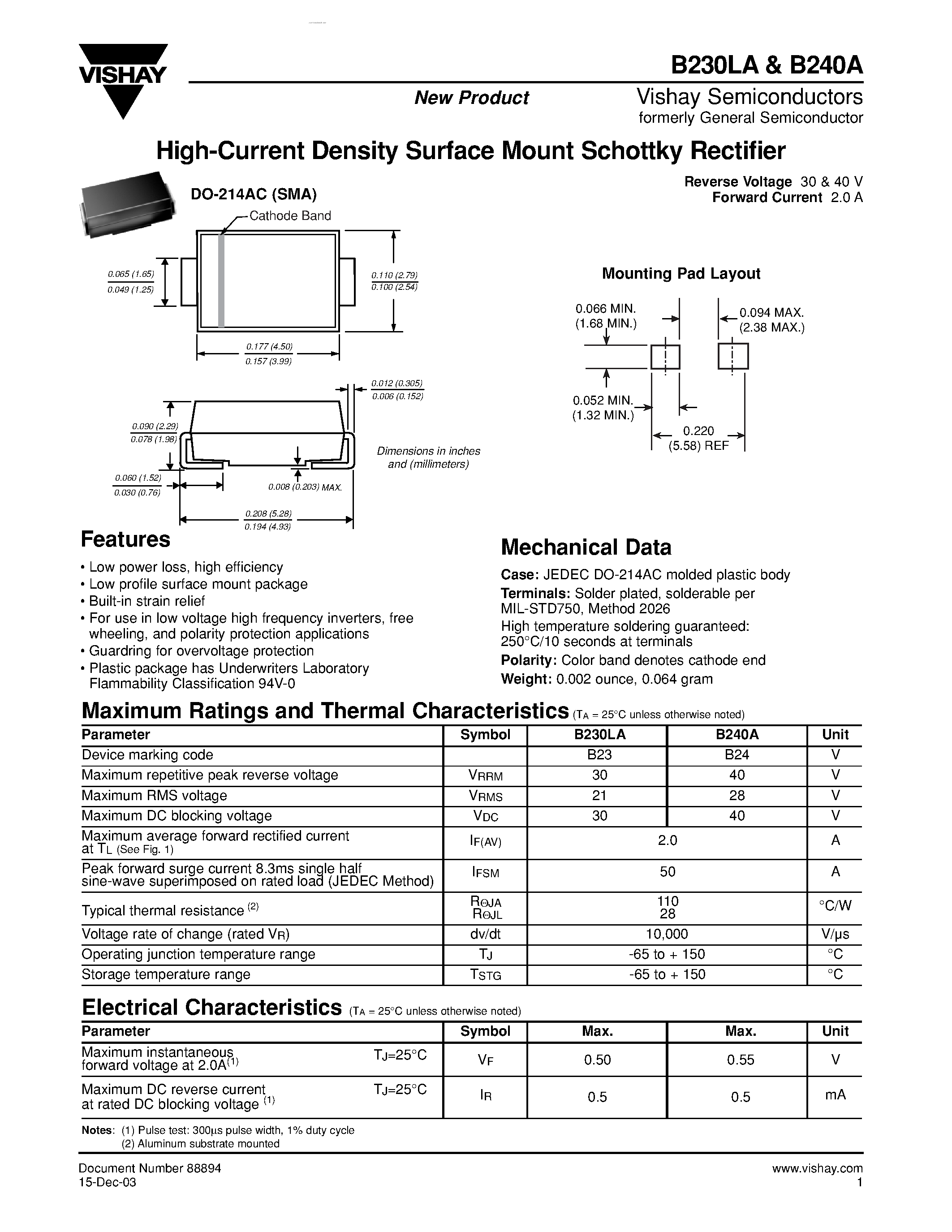 Datasheet B230LA page 1 Datasheet B230LA - (B230LA / B240A) High-Current Density Surface Mount Schottky Rectifier page 1