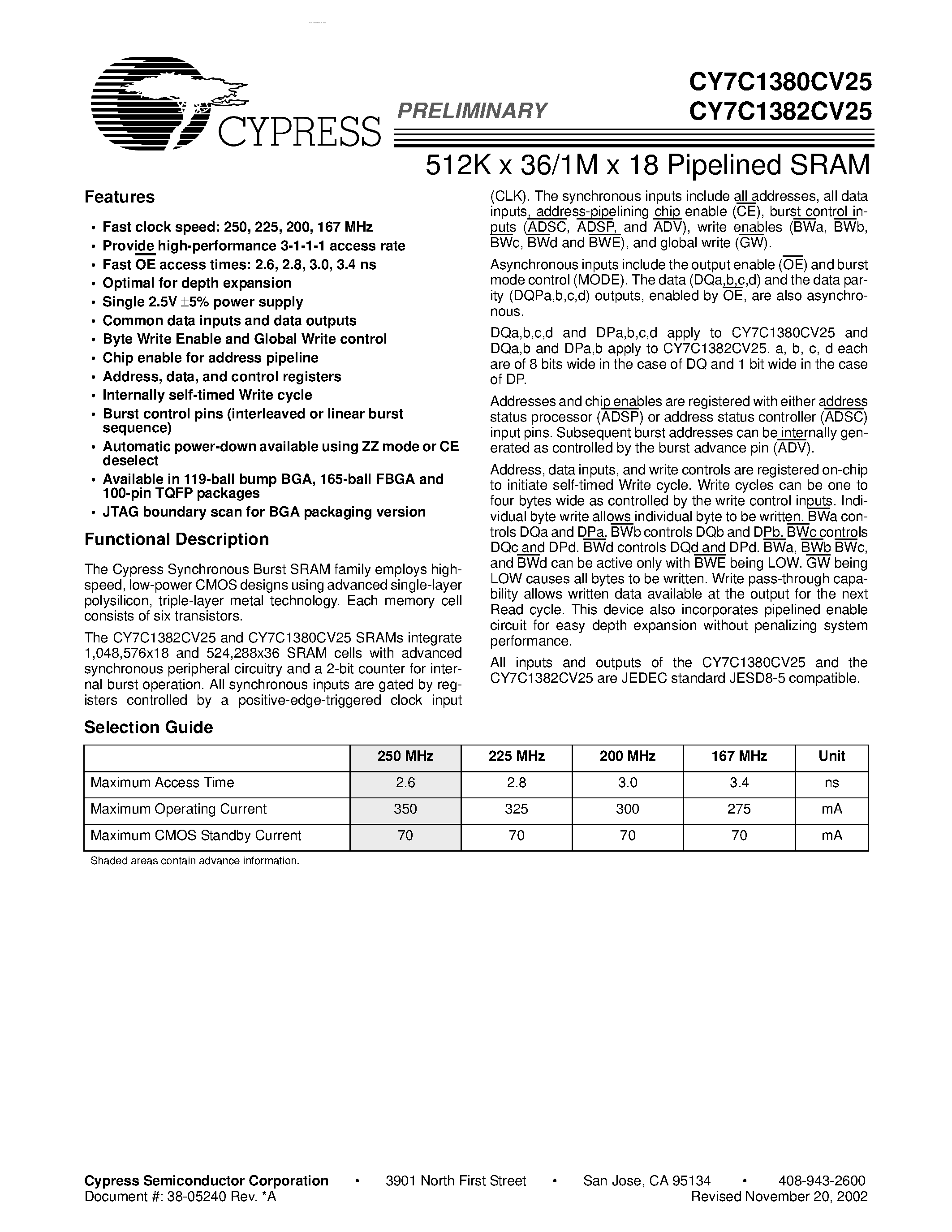 Datasheet CY7C1380CV25 - (CY7C1380CV25 / CY7C1382CV25) 512K x 36/1M x 18 Pipelined SRAM page 1