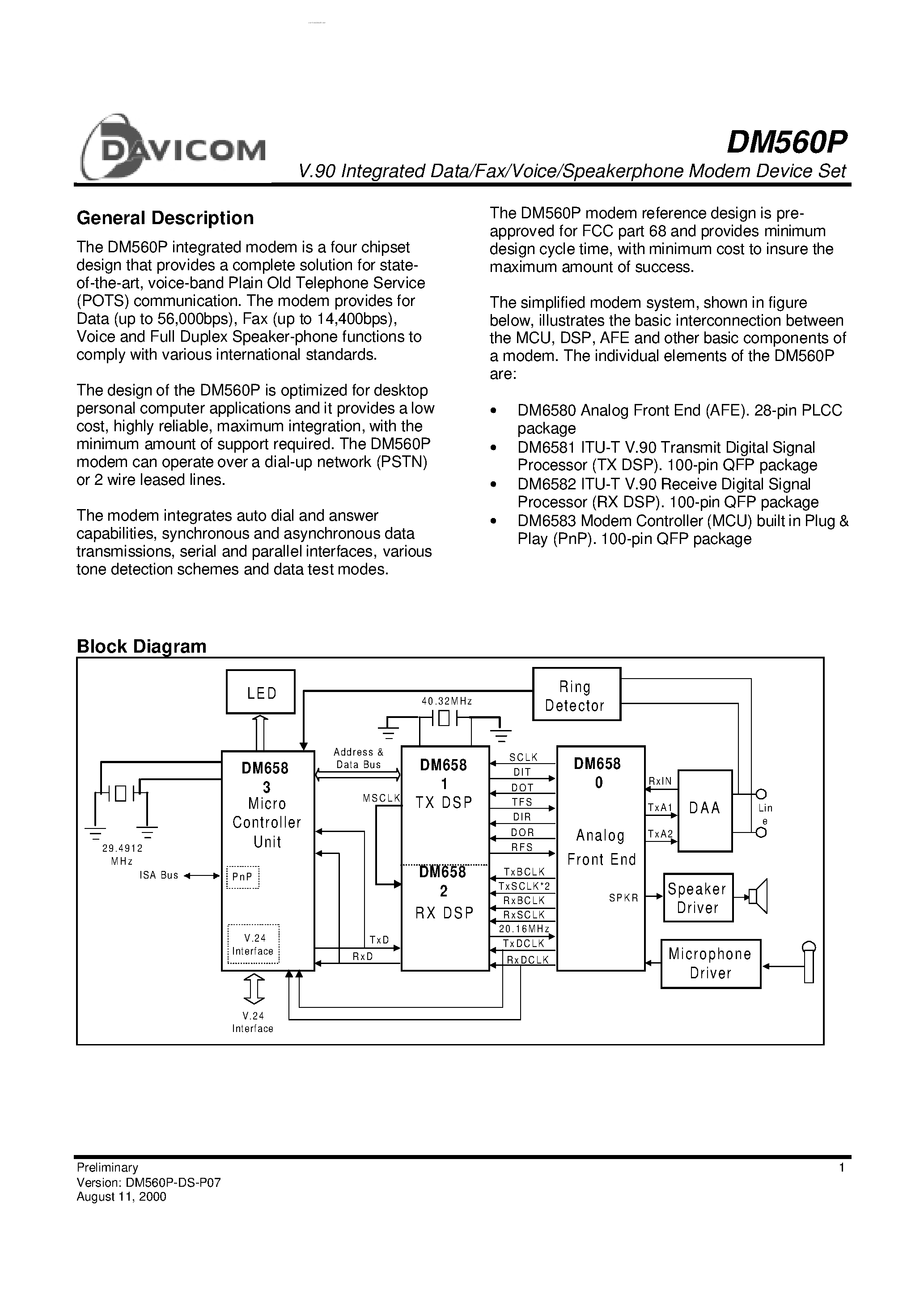 Datasheet DM560P - V.90 Integrated Data/Fax/Voice/Speakerphone Modem Device Set page 1