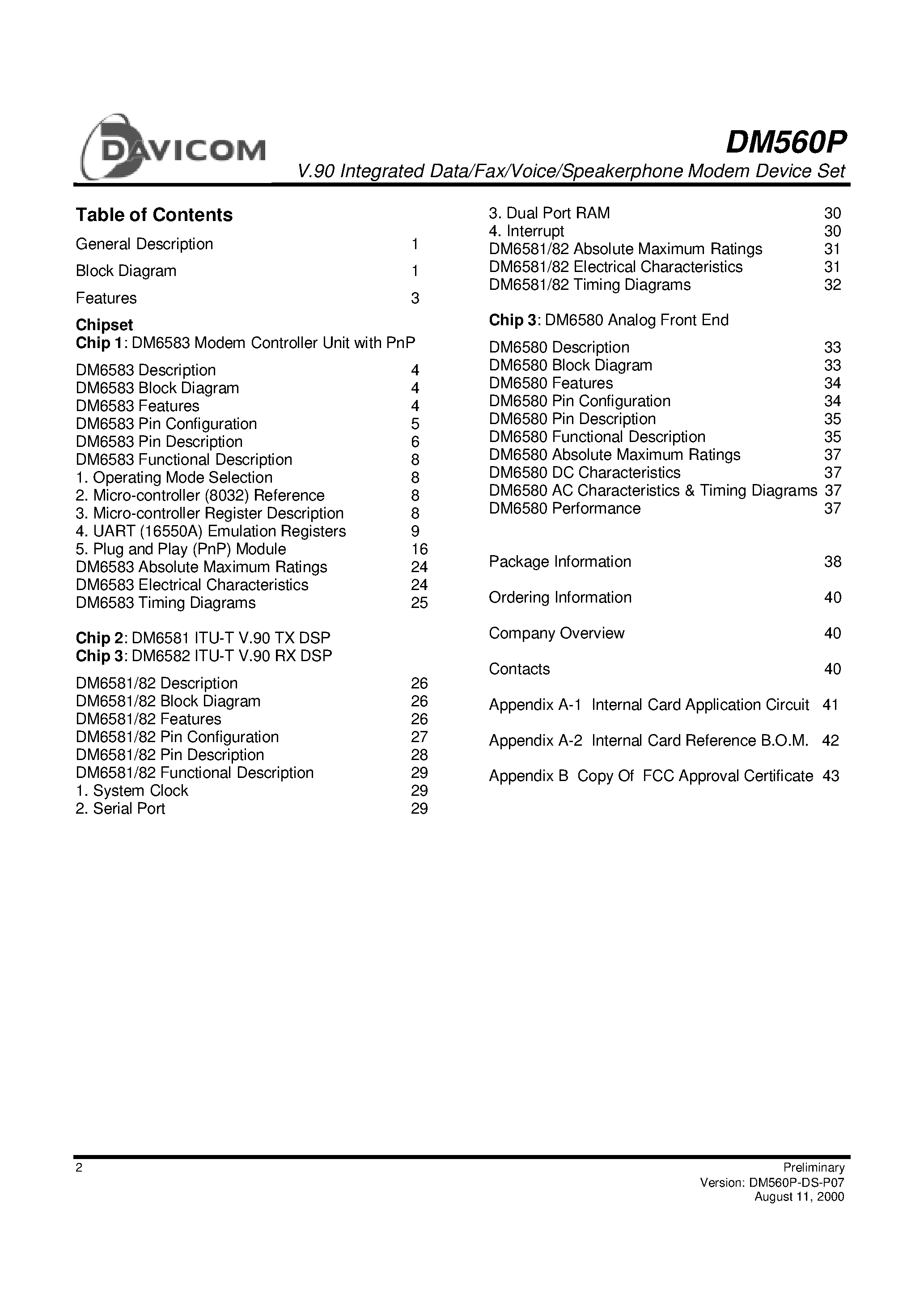 Datasheet DM560P - V.90 Integrated Data/Fax/Voice/Speakerphone Modem Device Set page 2