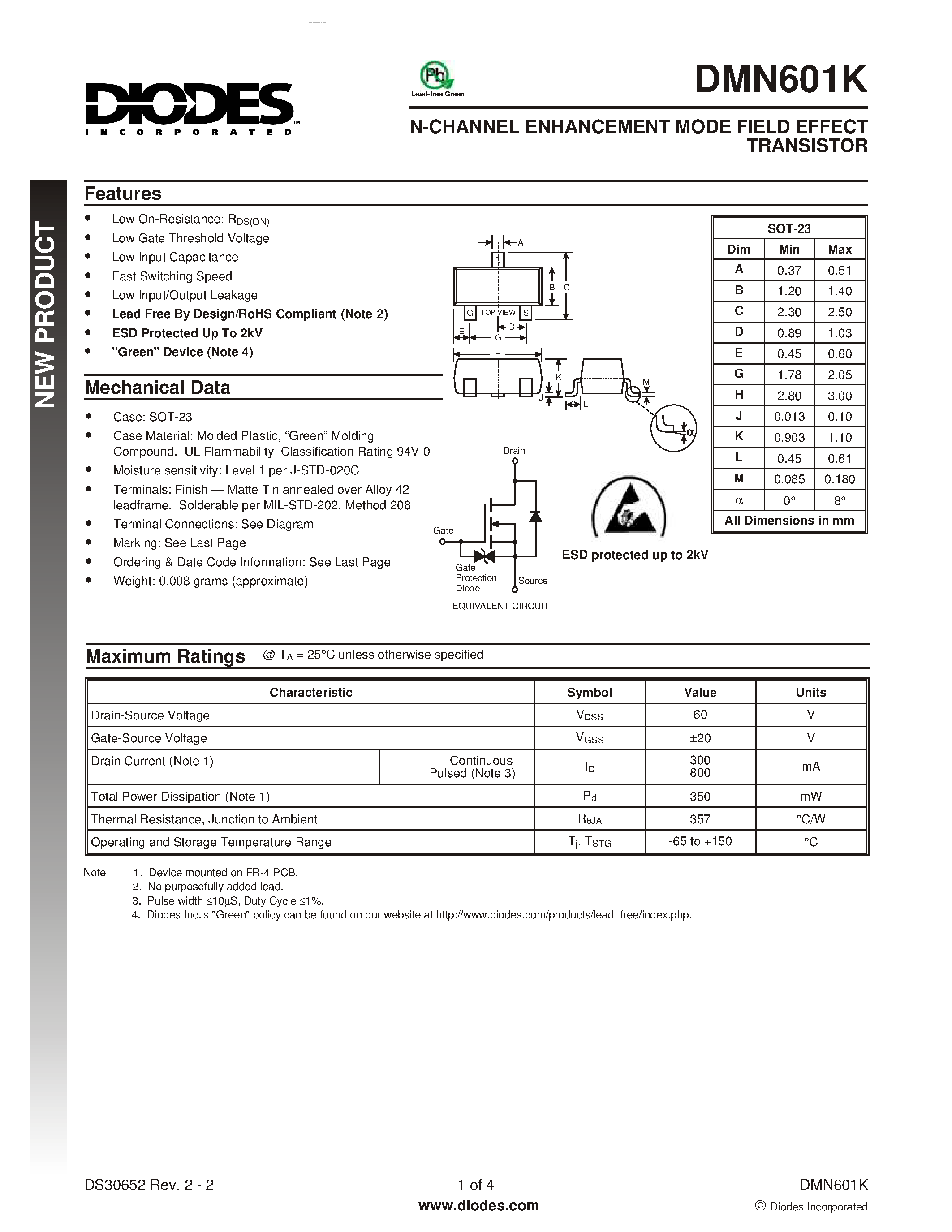 Datasheet DMN601K page 1 Datasheet DMN601K - N-CHANNEL ENHANCEMENT MODE FIELD EFFECT TRANSISTOR page 1
