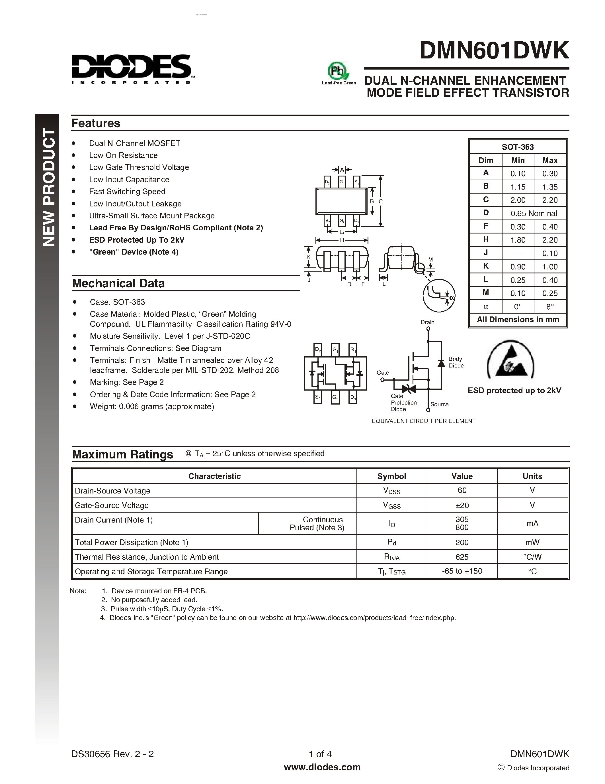 Datasheet DMN601DWK - DUAL N-CHANNEL ENHANCEMENT MODE FIELD EFFECT TRANSISTOR page 1