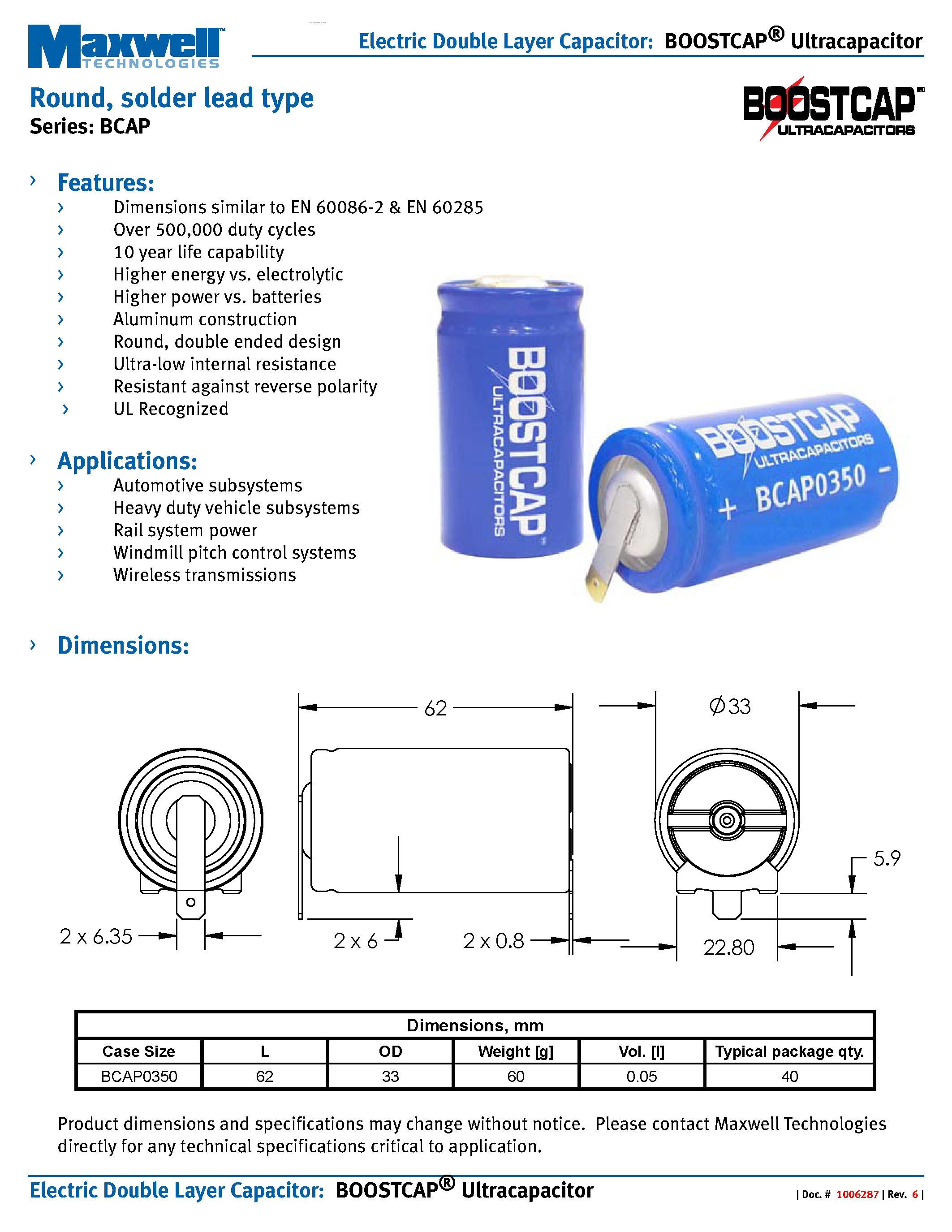 Даташит BCAP0350 - Electric Double Layer Capacitor Round страница 1