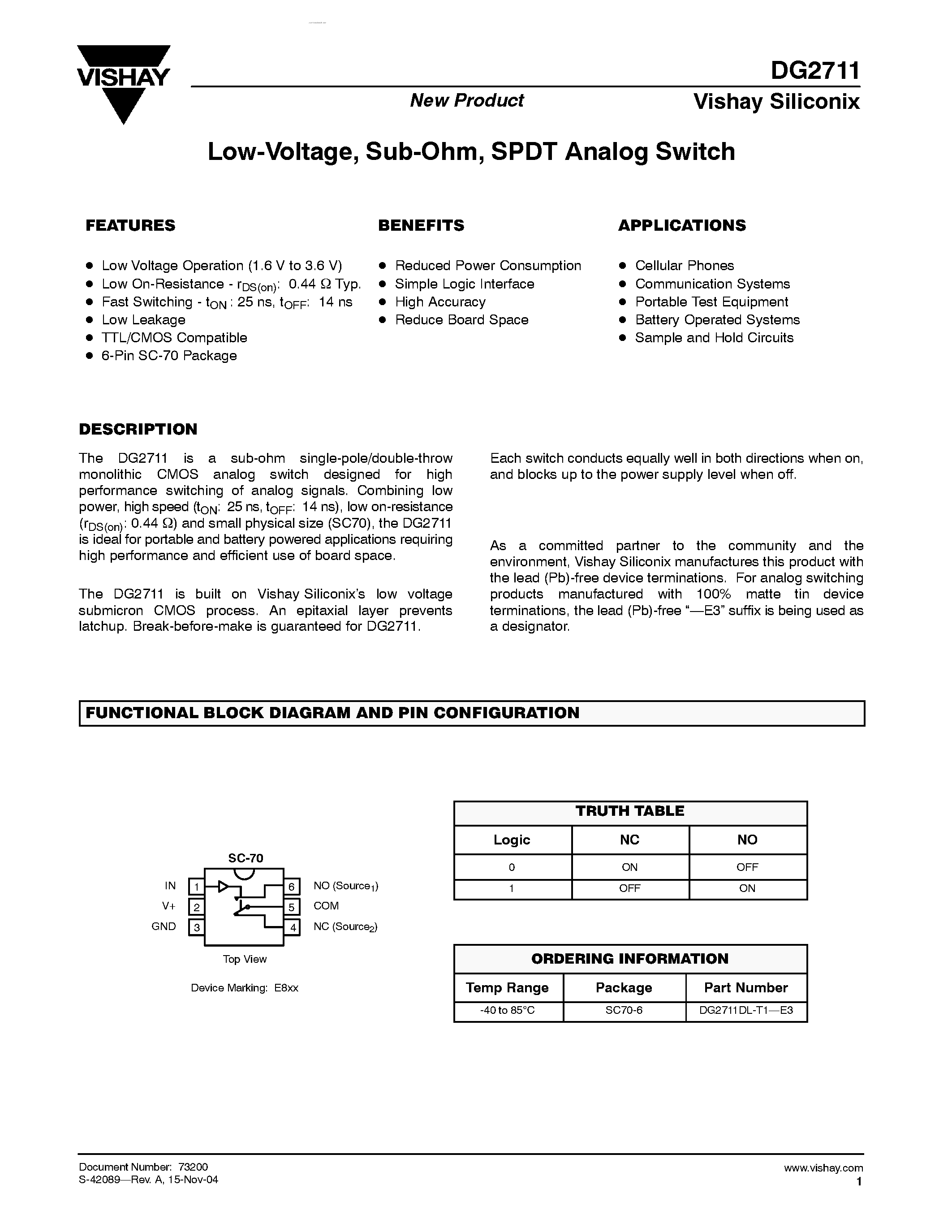 Даташит DG2711 - SPDT Analog Switch страница 1