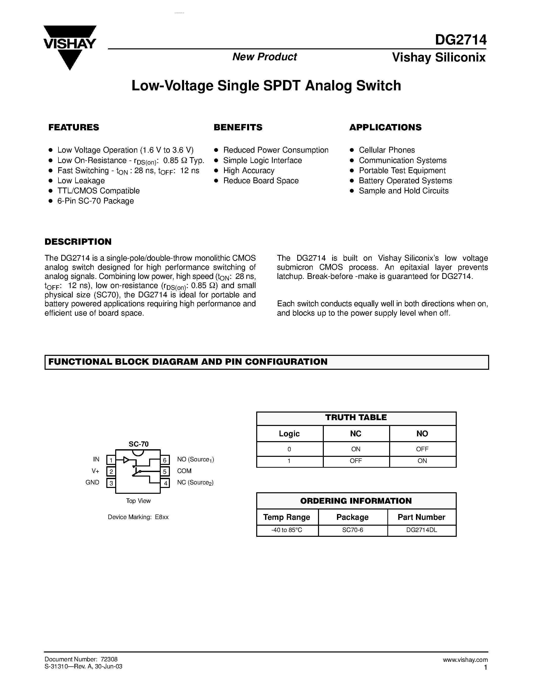 Даташит DG2714 - Low-Voltage Single SPDT Analog Switch страница 1