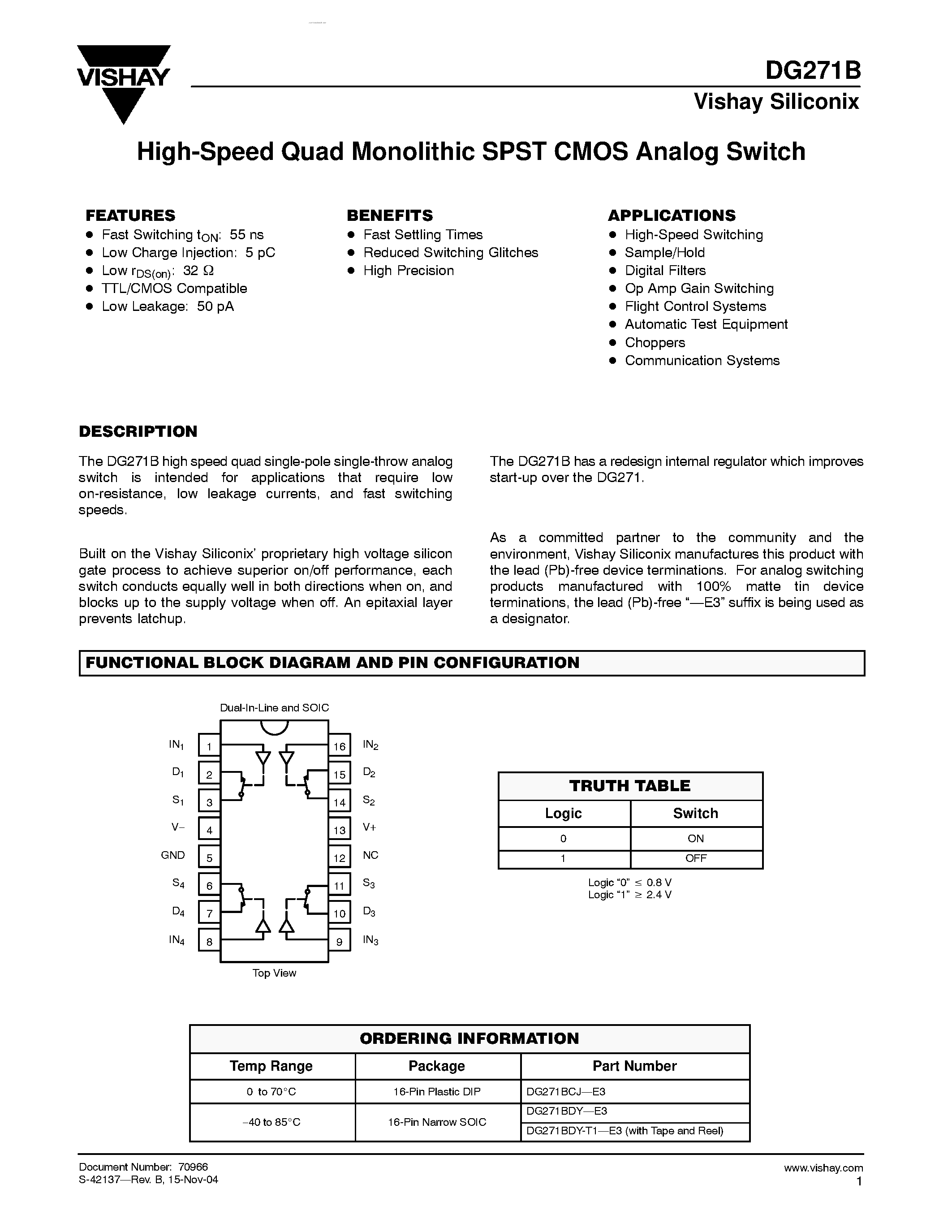 Даташит DG271B - High-Speed Quad Monolithic SPST CMOS Analog Switch страница 1