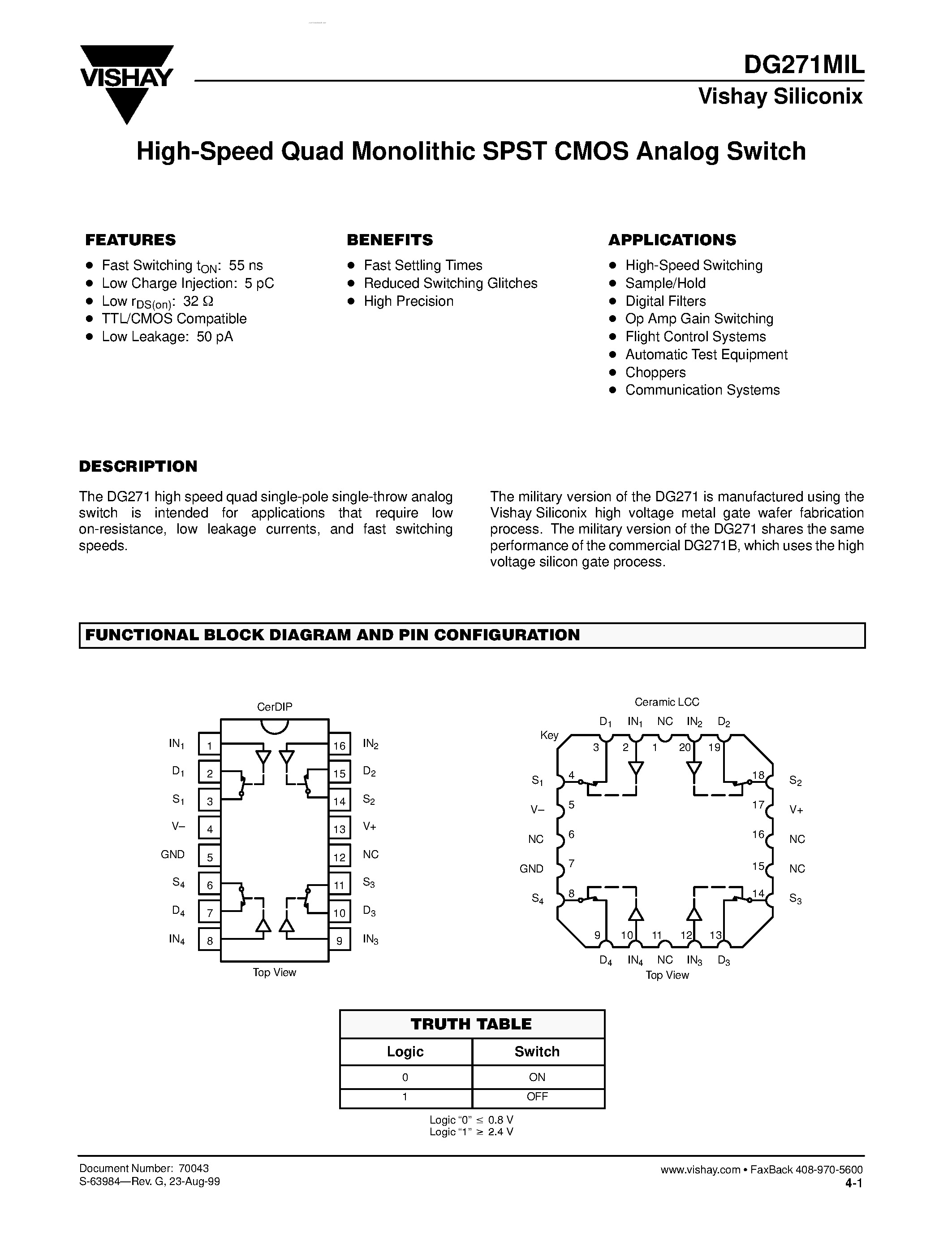 Даташит DG271MIL - High-Speed Quad Monolithic SPST CMOS Analog Switch страница 1