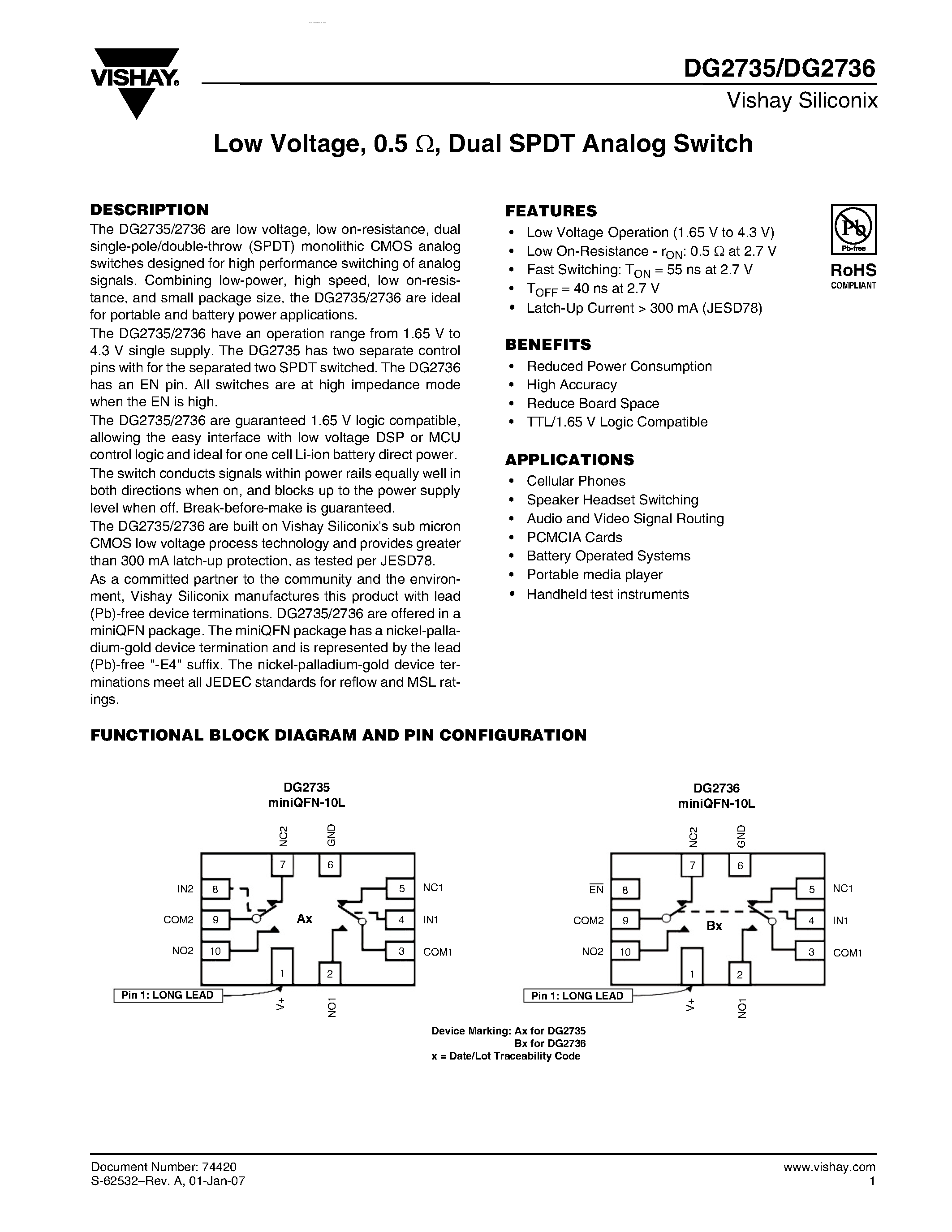 Даташит на микросхему DG2735 страница 1 Даташит DG2735 - (DG2735 / DG2736) Dual SPDT Analog Switch страница 1