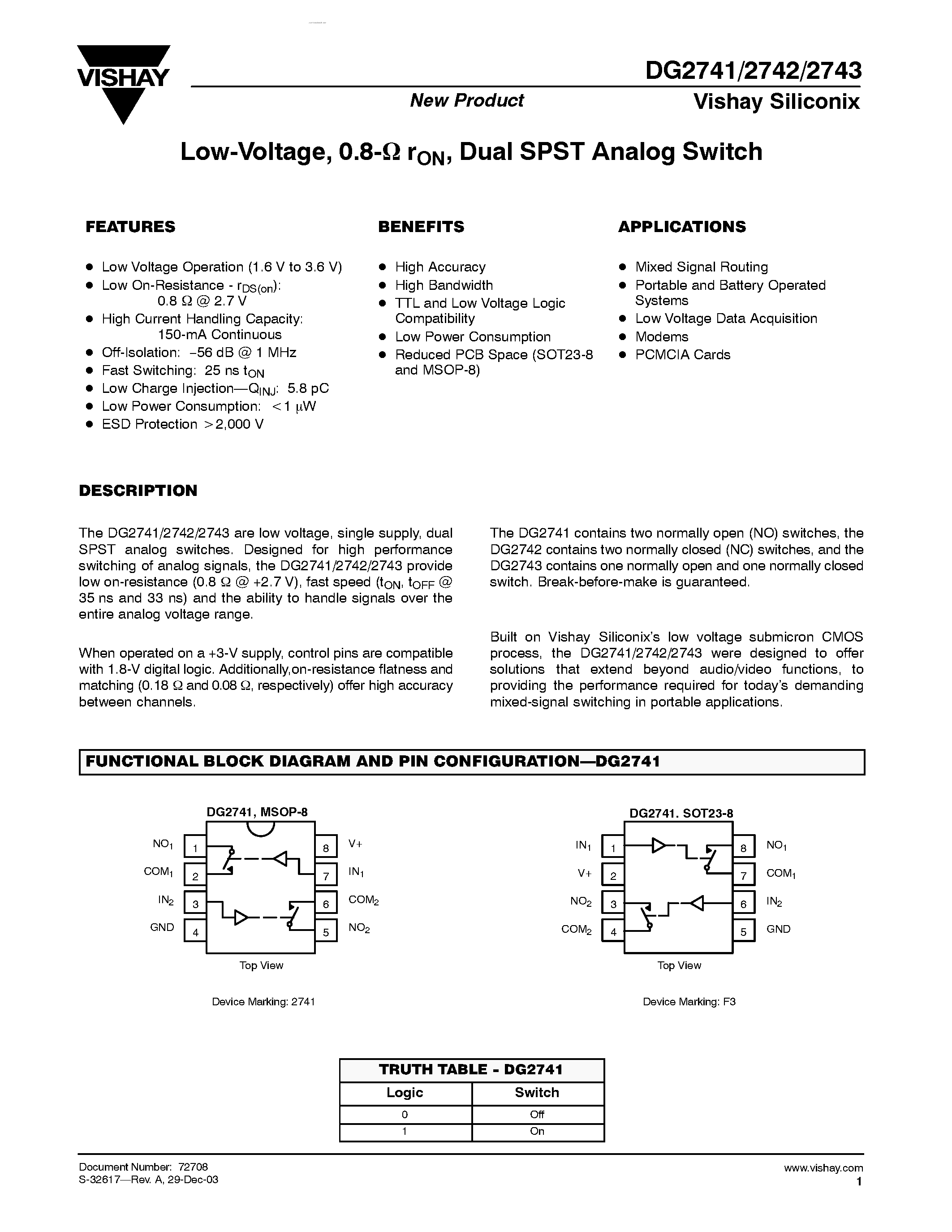 Даташит DG2741 - (DG2741 - DG2743) Dual SPST Analog Switch страница 1