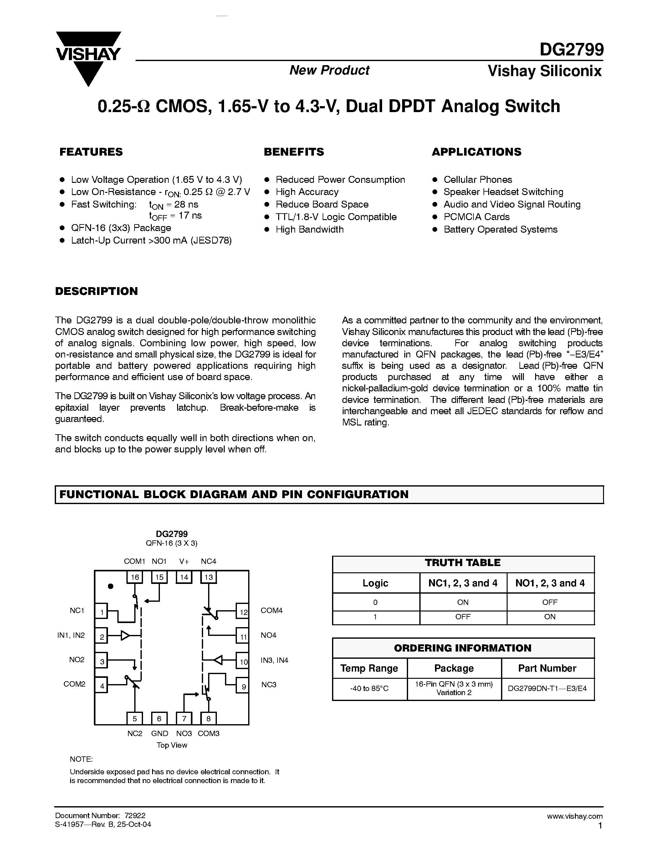 Даташит DG2799 - Dual DPDT Analog Switch страница 1